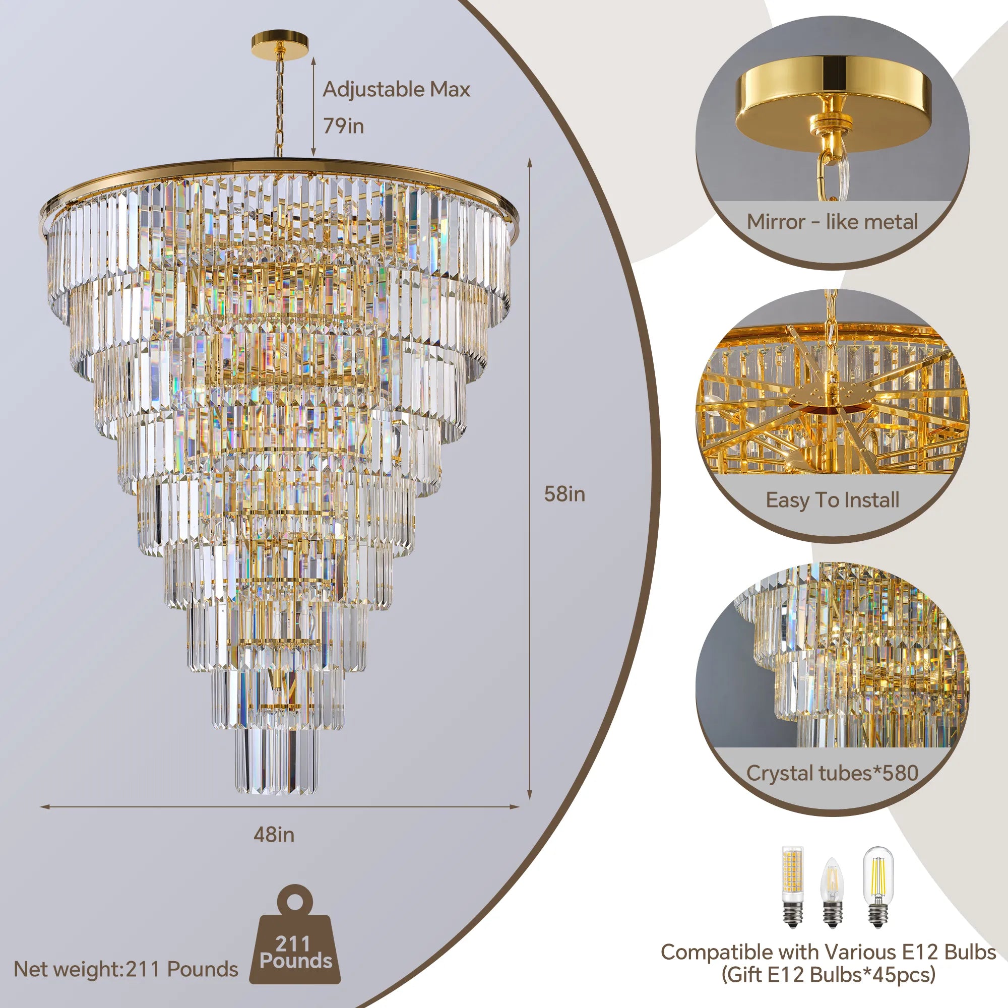 48” Grand Gold Tiered Crystal Chandelier