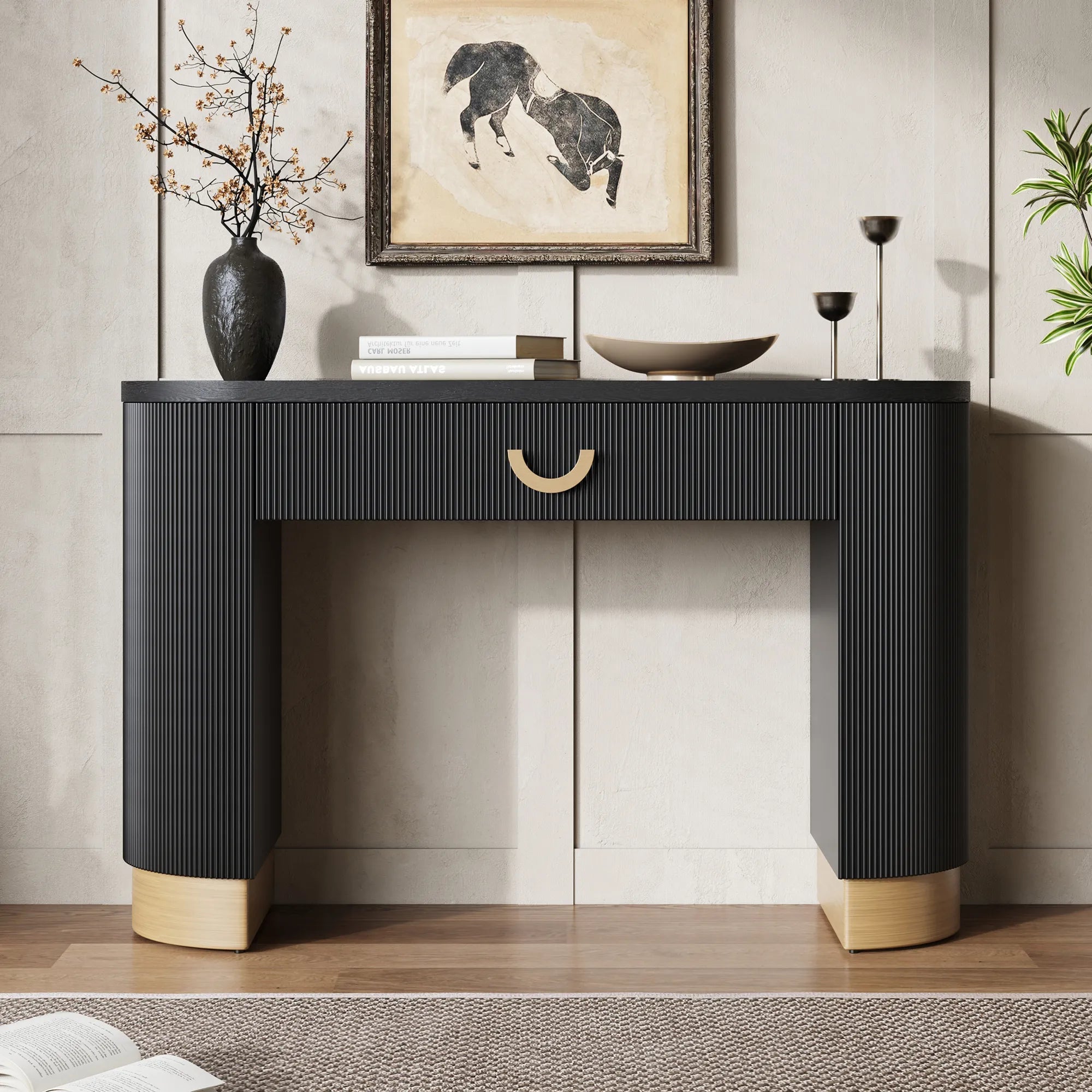 48“ Modern Black Ribbed Console Table