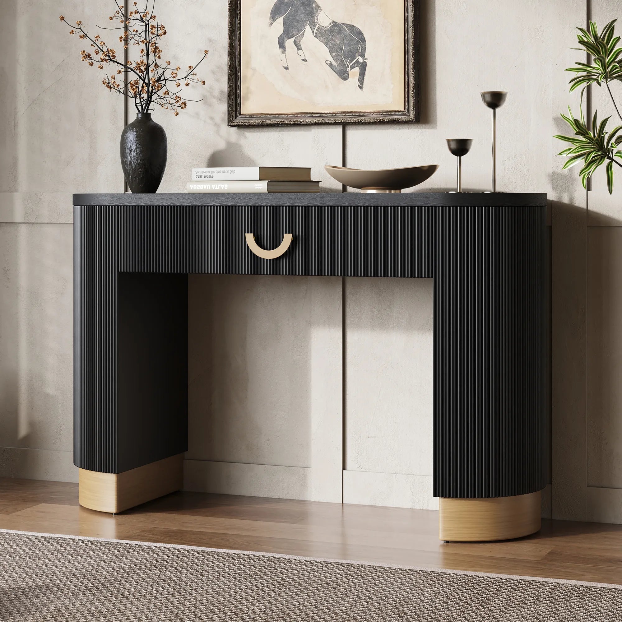 48“ Modern Black Ribbed Console Table