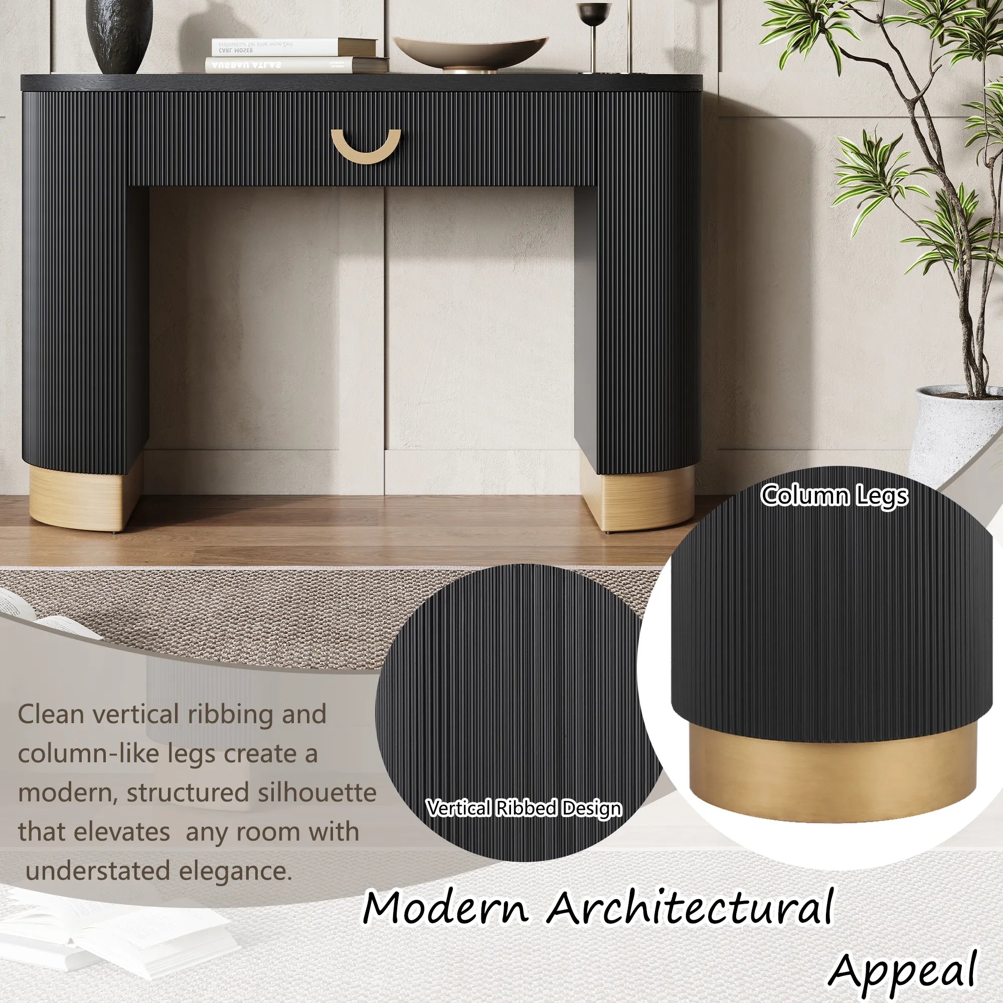 48“ Modern Black Ribbed Console Table