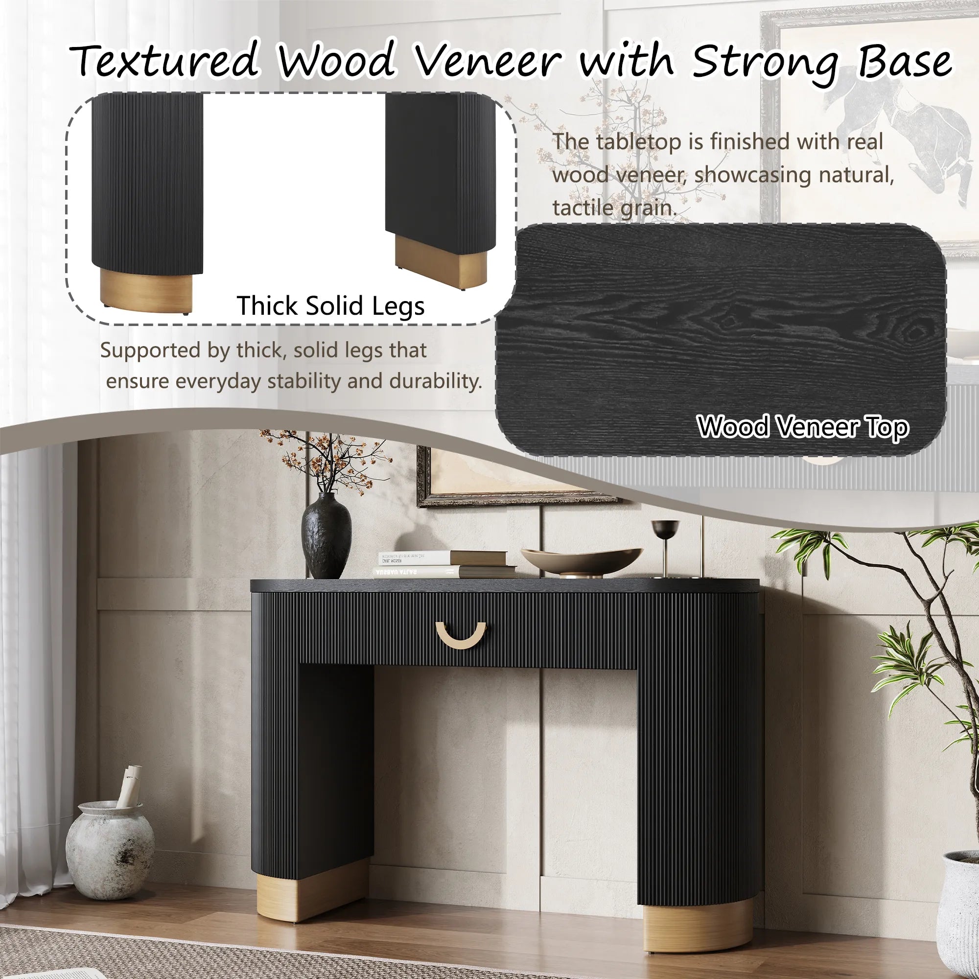 48“ Modern Black Ribbed Console Table