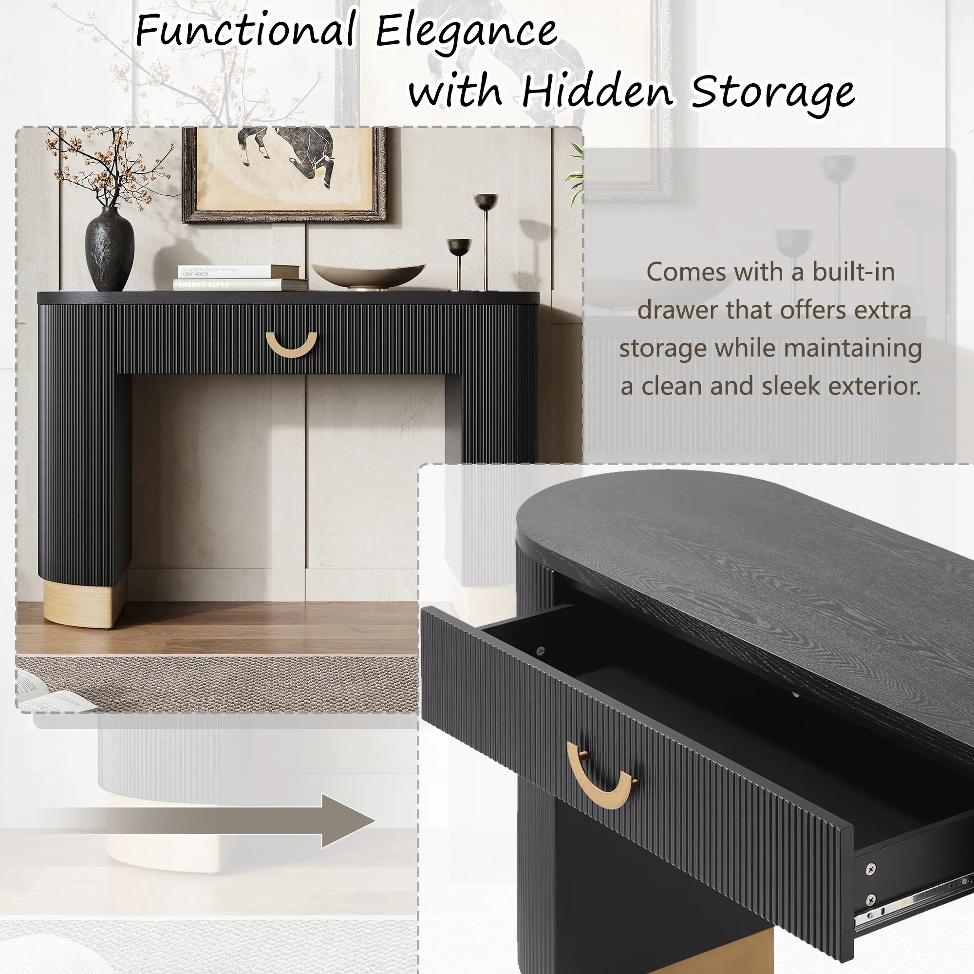 48“ Modern Black Ribbed Console Table