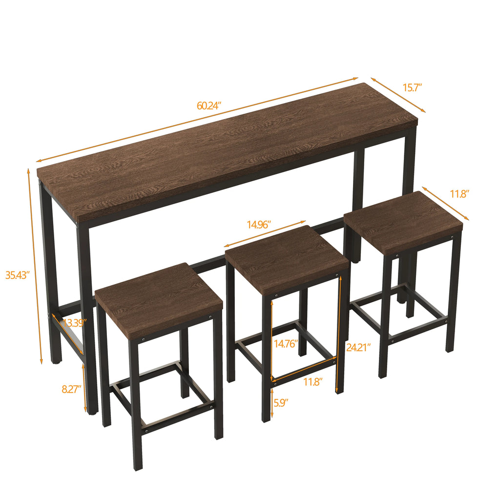 4 Pieces Modern Bar Table Set with 3 Stools