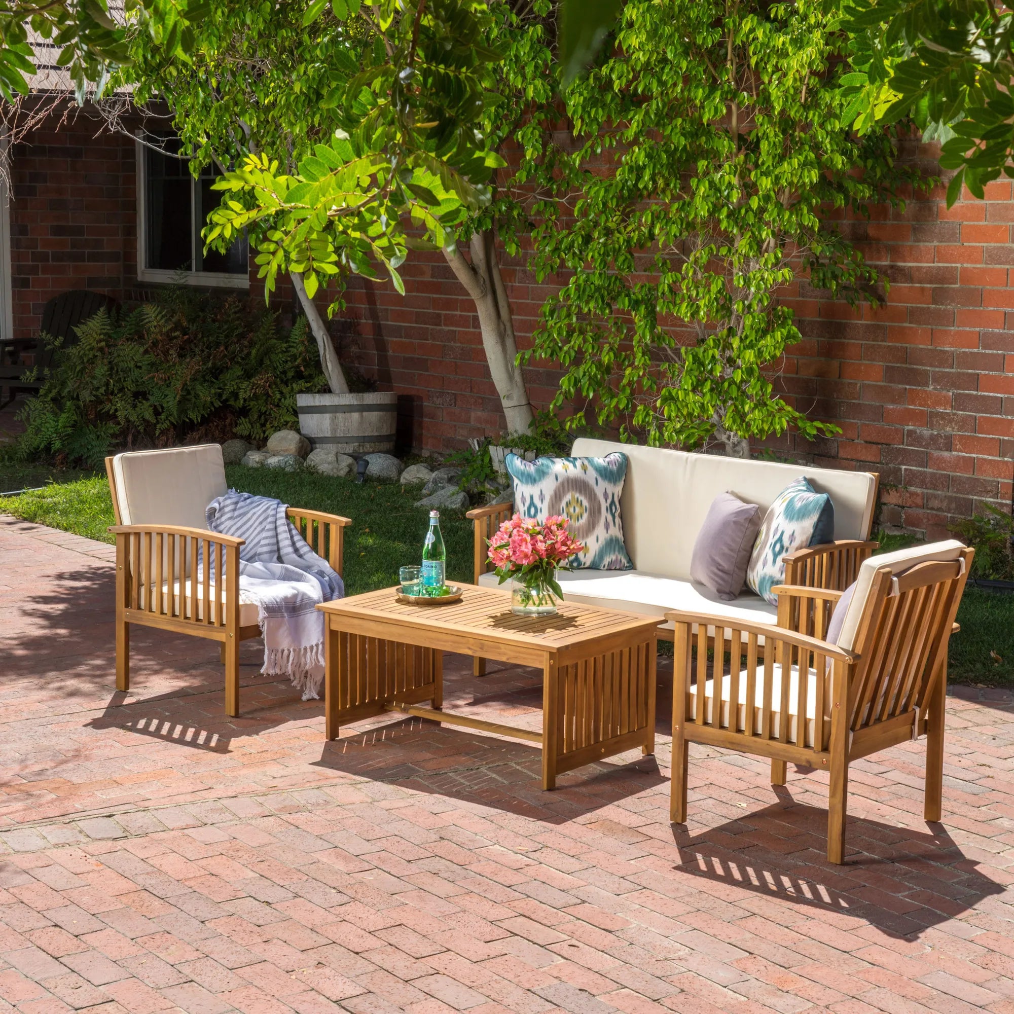 4 Pieces Wood Outdoor Patio Seat Set