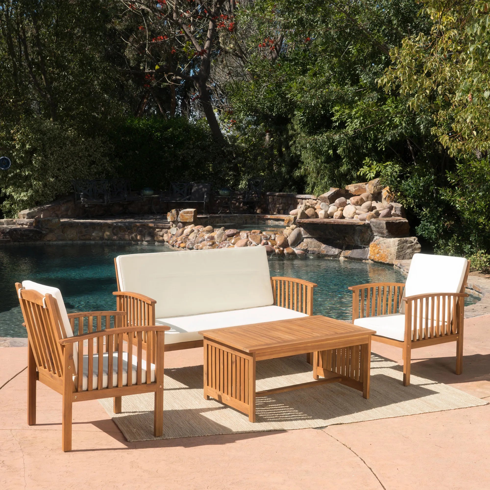 4 Pieces Wood Outdoor Patio Seat Set