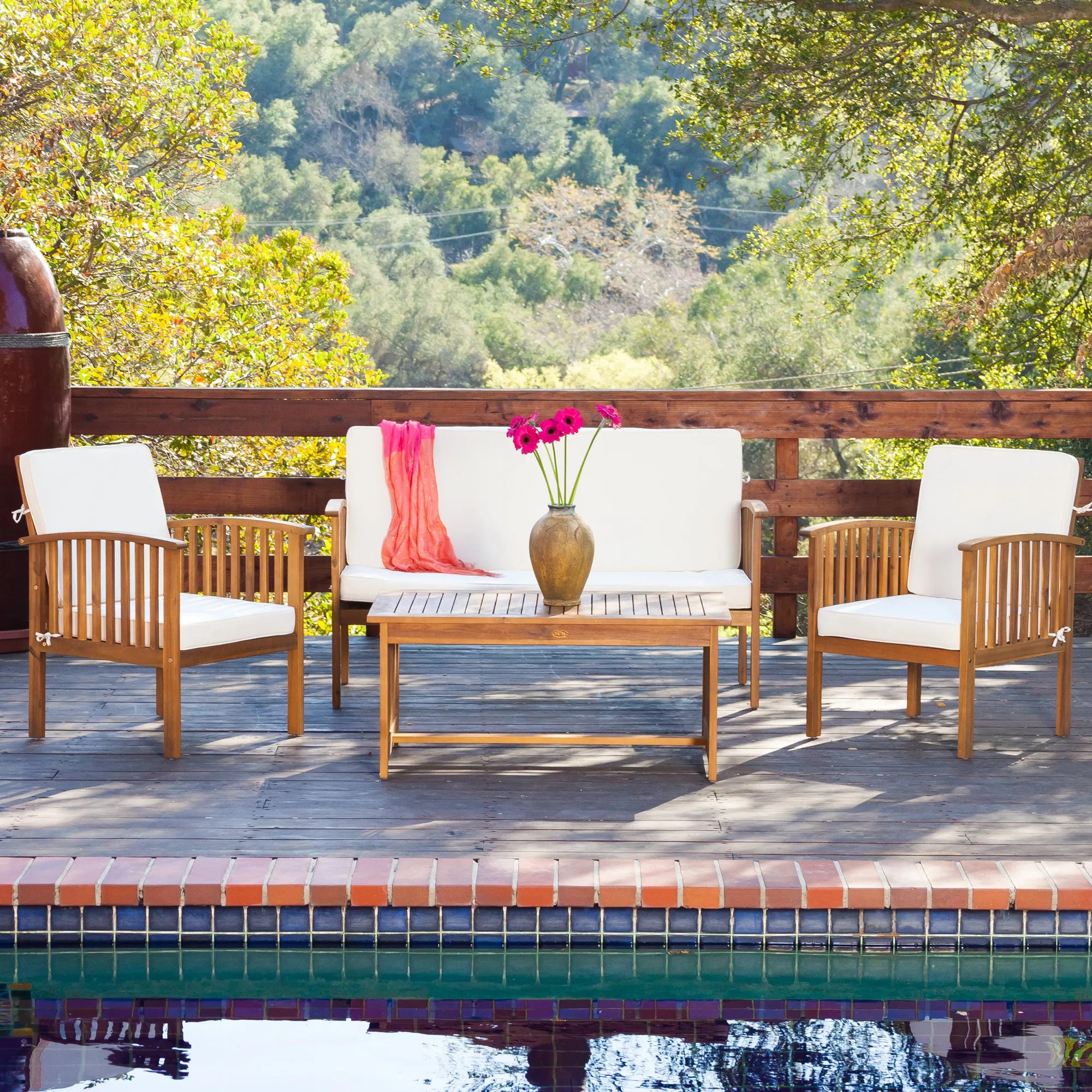 4 Pieces Wood Outdoor Patio Seat Set