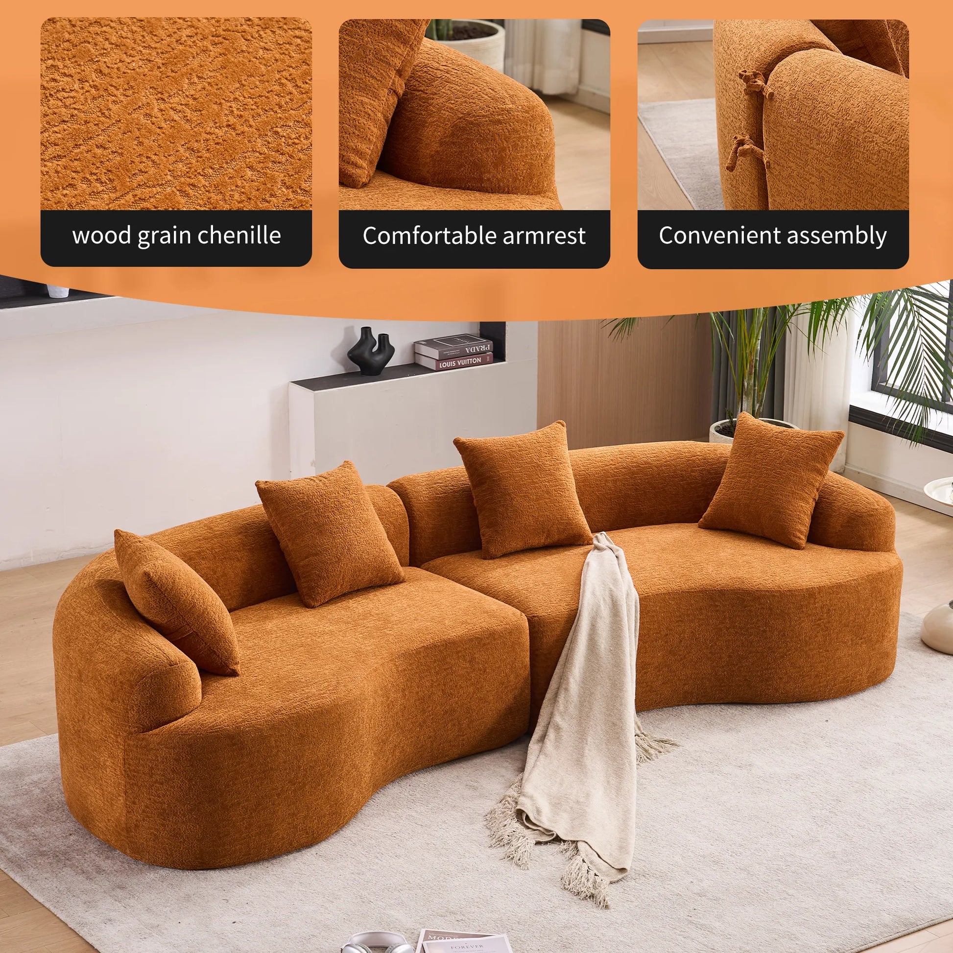 4 Seater Chenille Fabric Full Sponge Legless Compressed Sectional Sofa