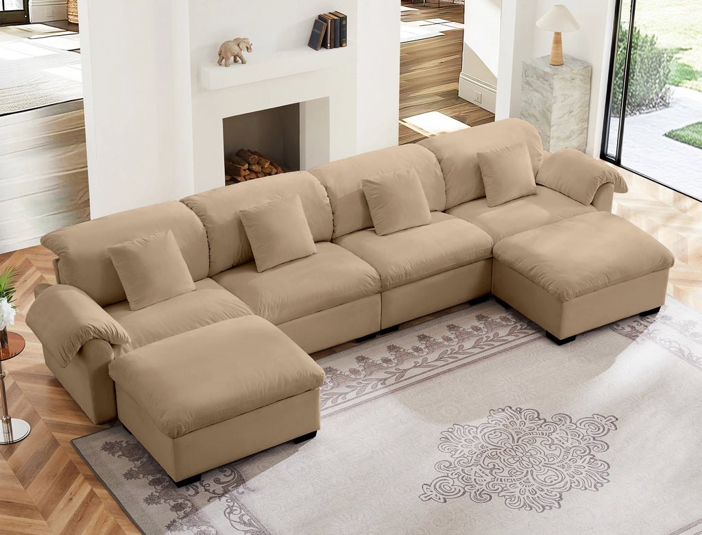 4 Seater Oversized Modern Velvet Cloud Comfort Sectional Sofa with Ottoman & Underseat Storage