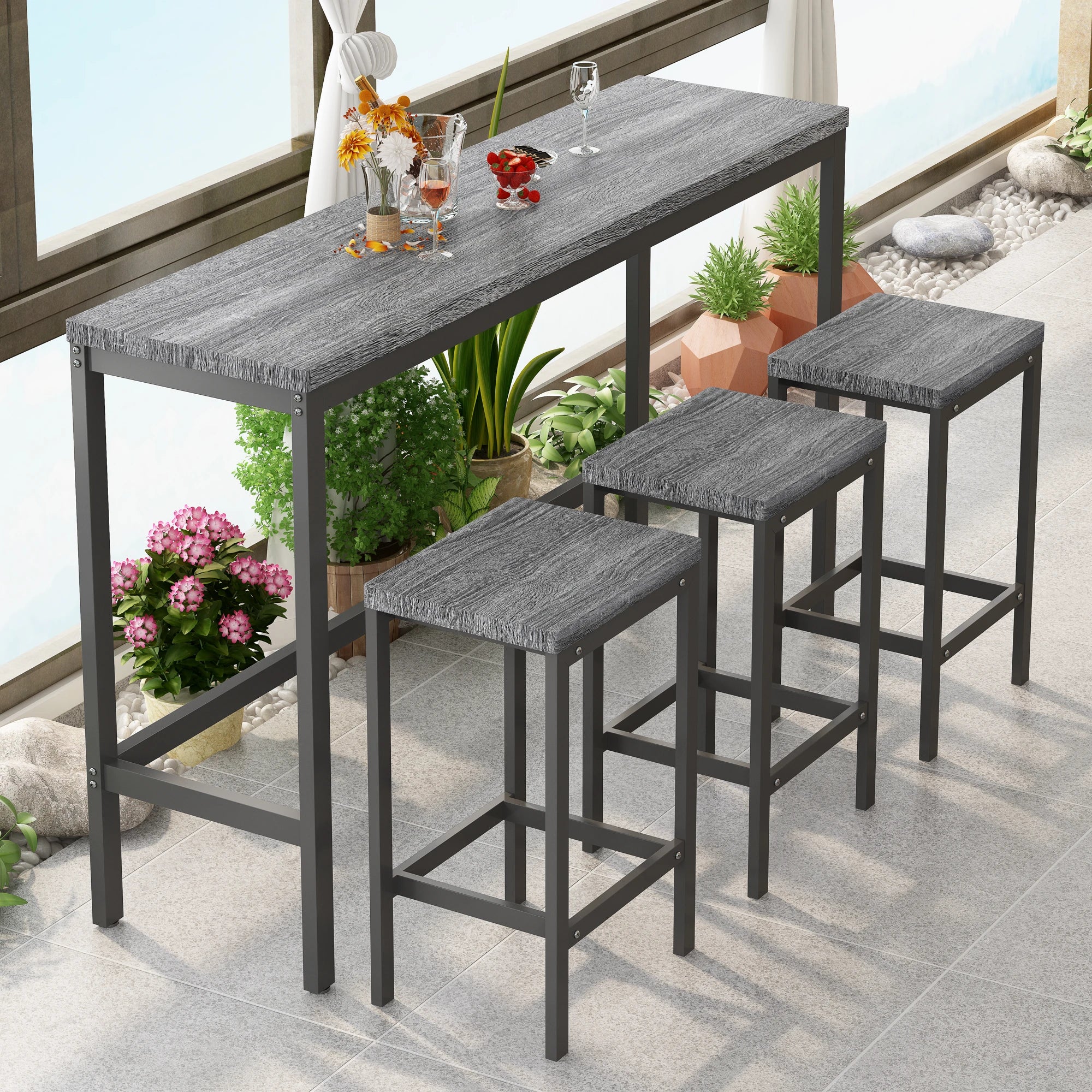 4 Pieces Modern Bar Table Set with 3 Stools