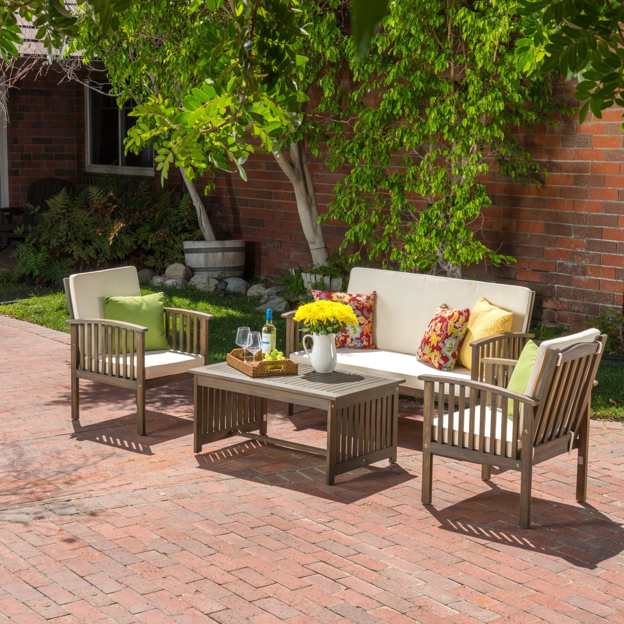4 Pieces Wood Outdoor Patio Seat Set