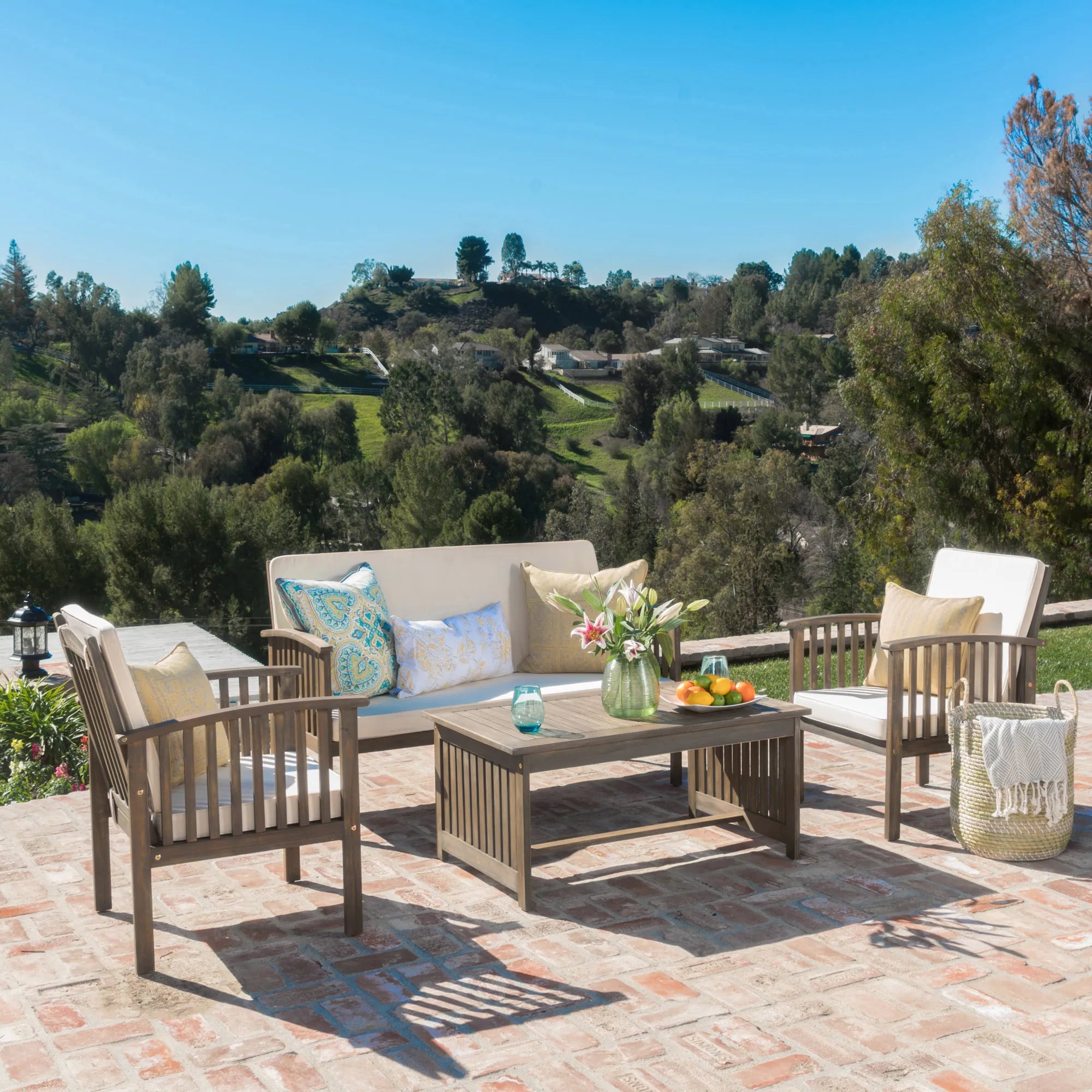 4 Pieces Wood Outdoor Patio Seat Set