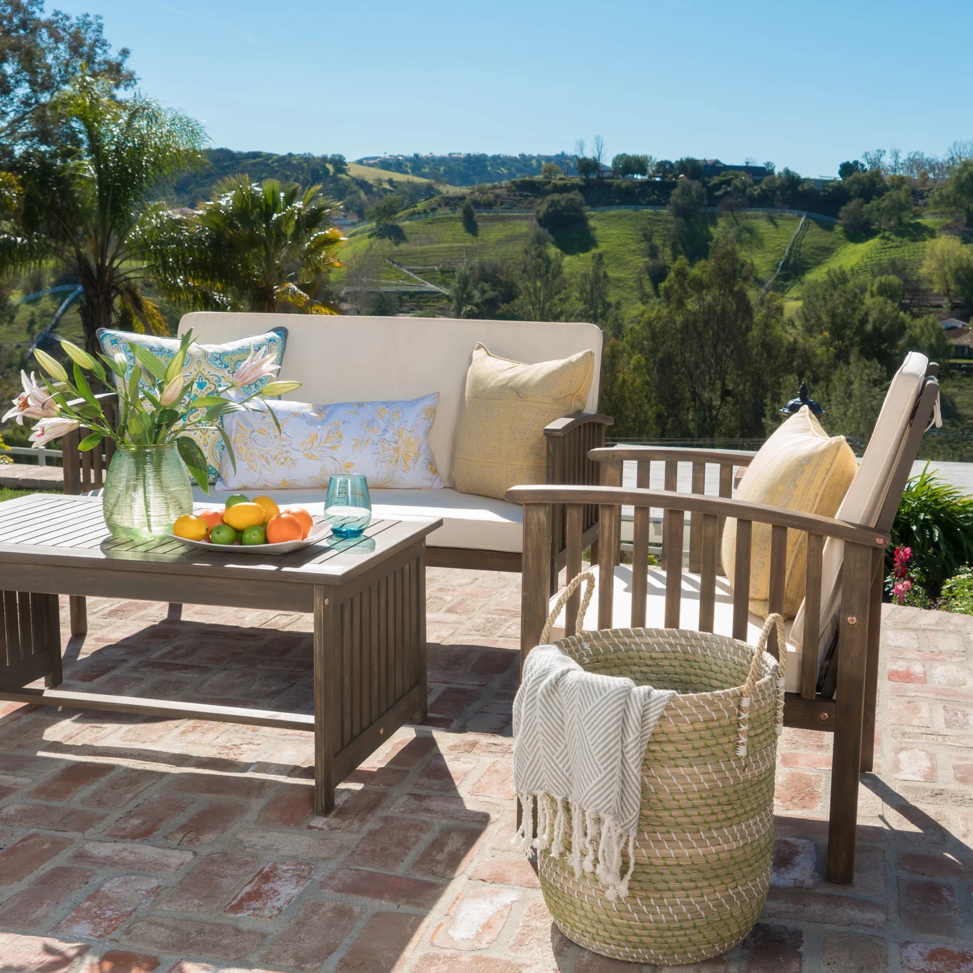 4 Pieces Wood Outdoor Patio Seat Set