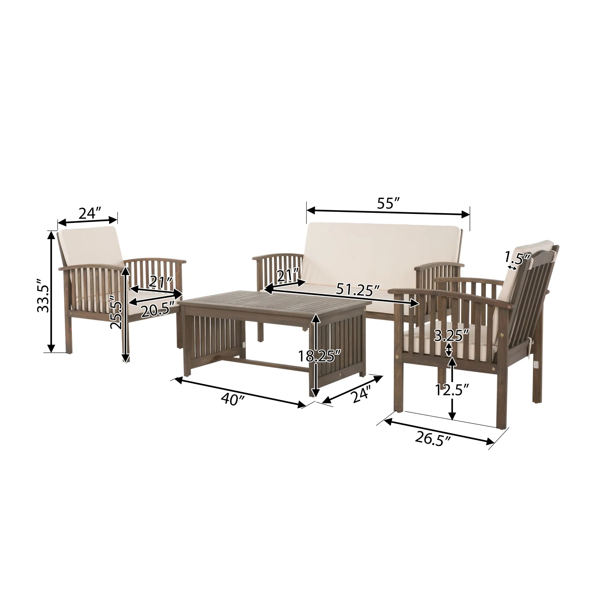 4 Pieces Wood Outdoor Patio Seat Set