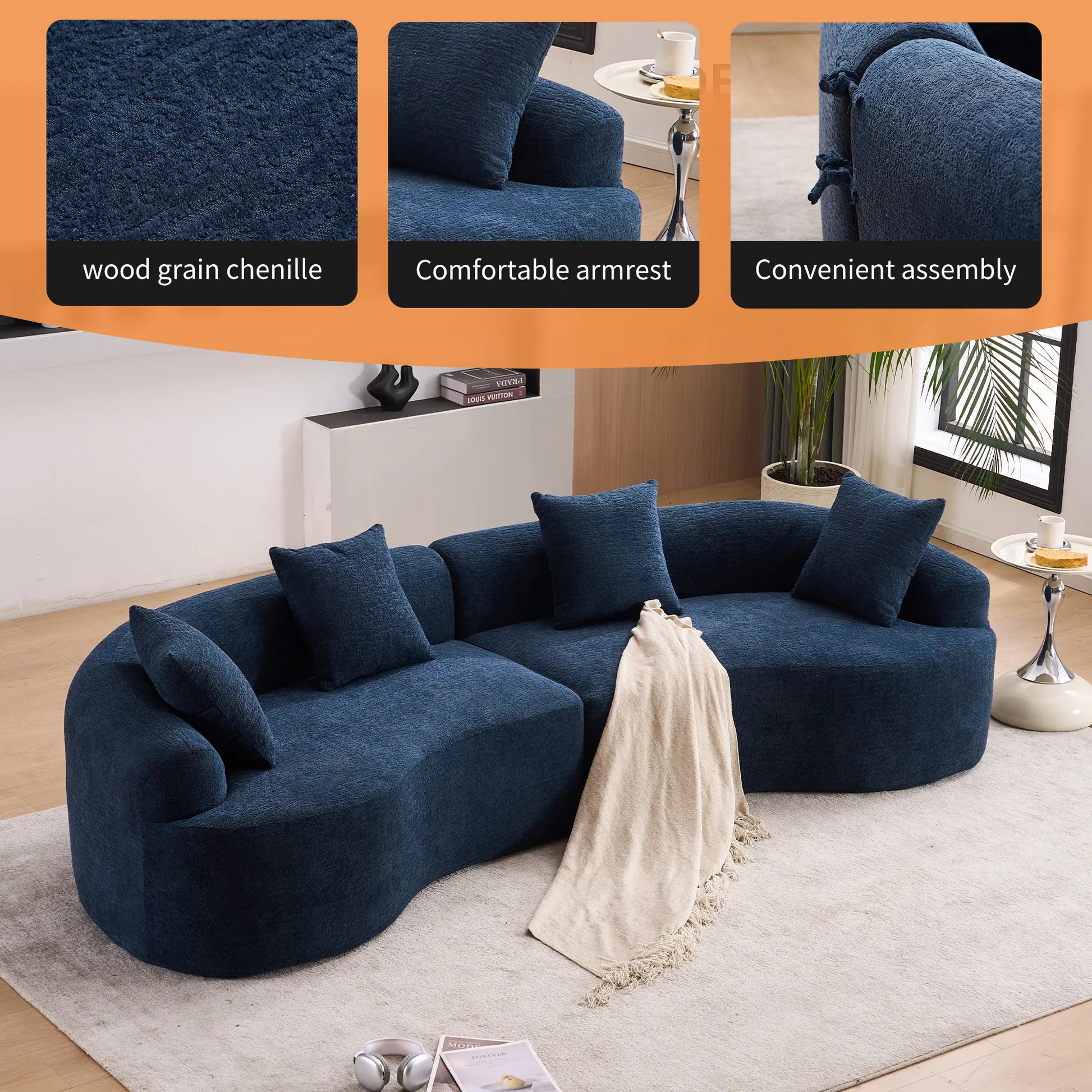 4 Seater Chenille Fabric Full Sponge Legless Compressed Sectional Sofa