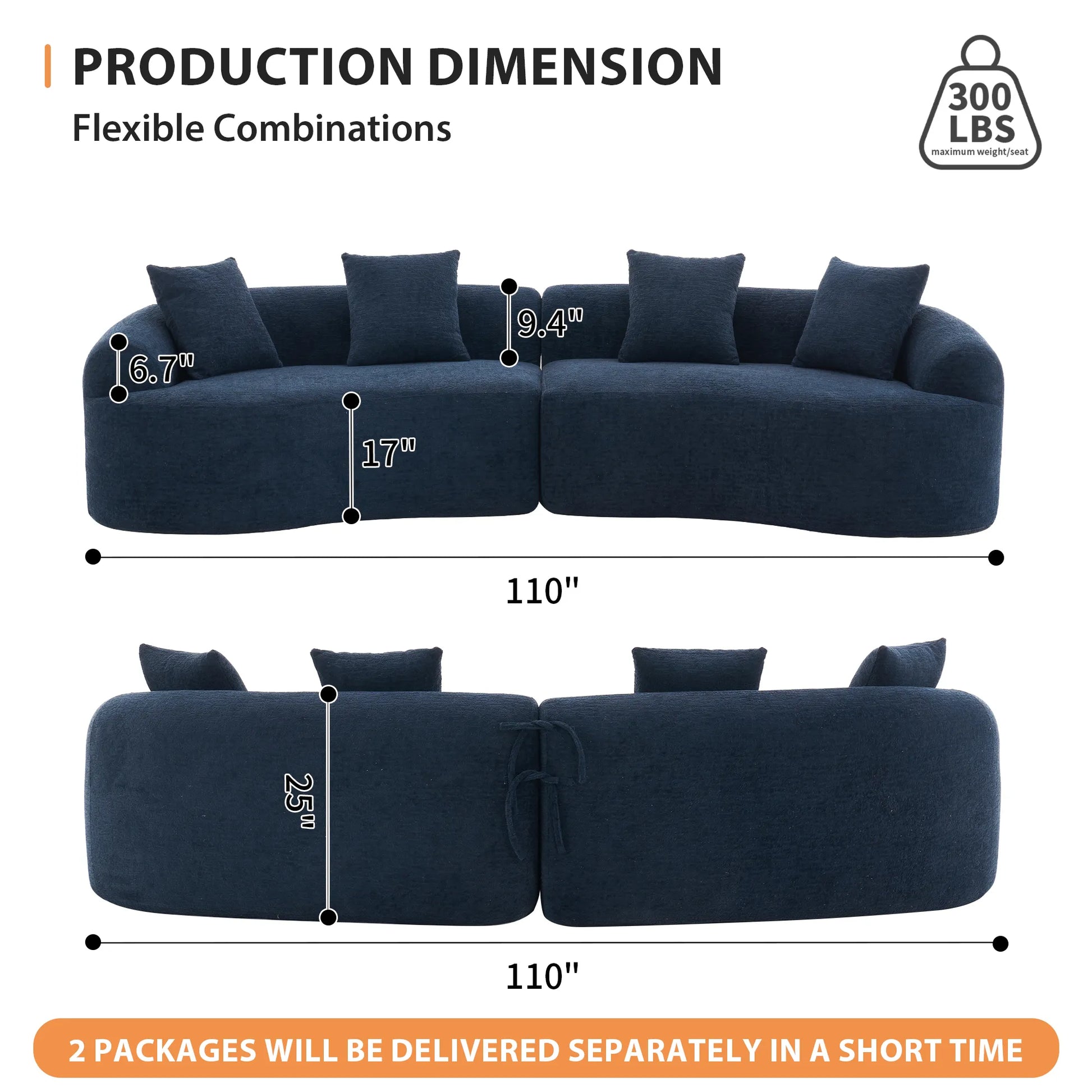 4 Seater Chenille Fabric Full Sponge Legless Compressed Sectional Sofa