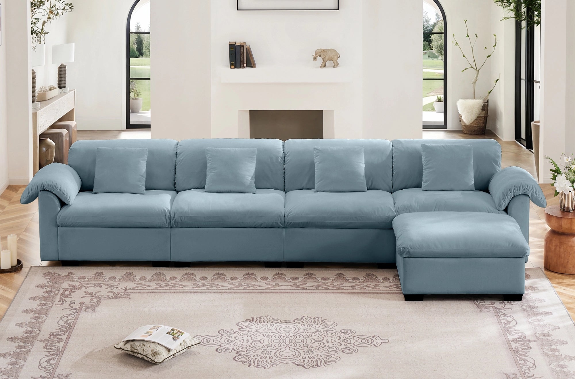 4 Seater Oversized Modern Velvet Cloud Comfort Sectional Sofa with Ottoman & Underseat Storage