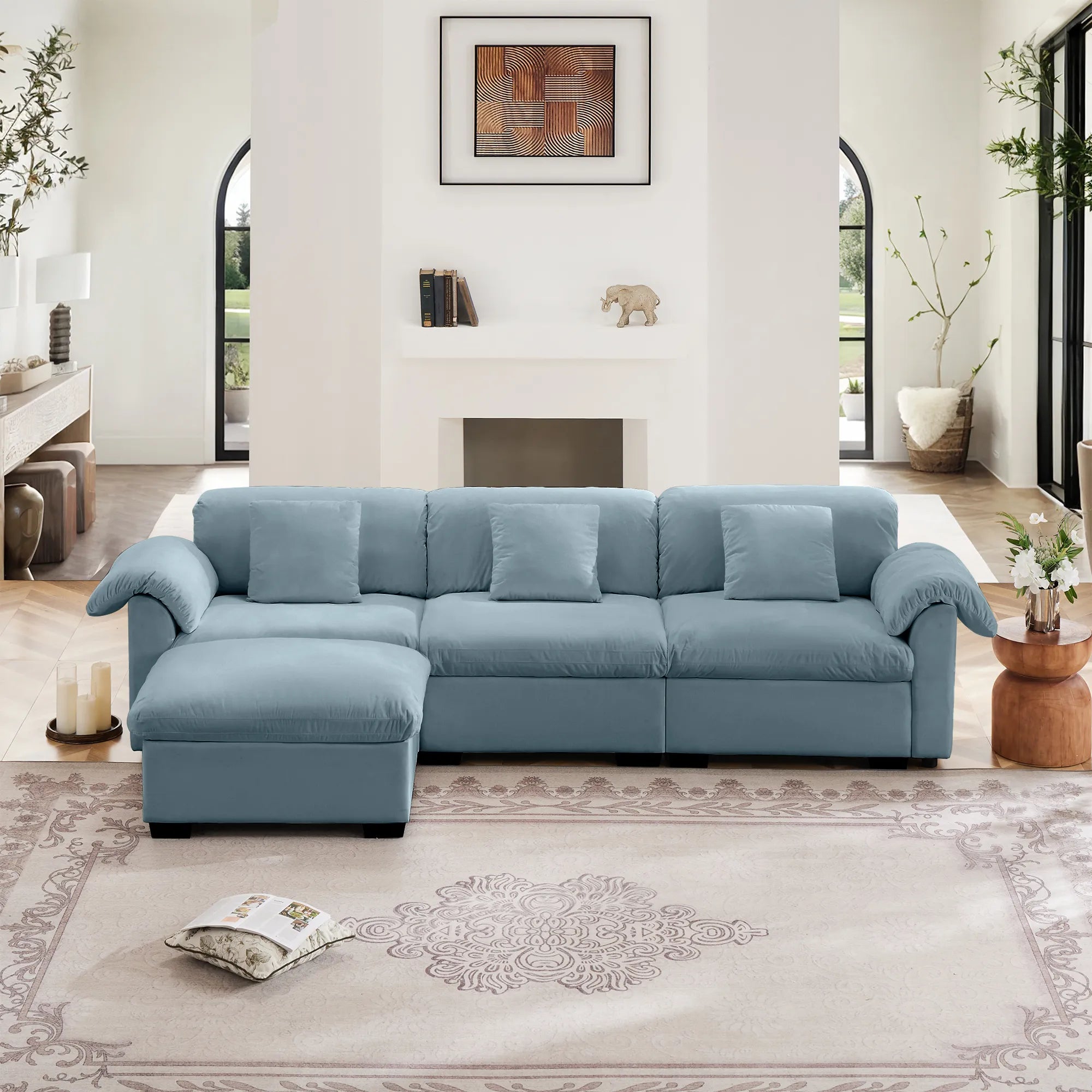 3 Seater Oversized Modern Velvet Cloud Comfort Sectional Sofa with Ottoman & Underseat Storage