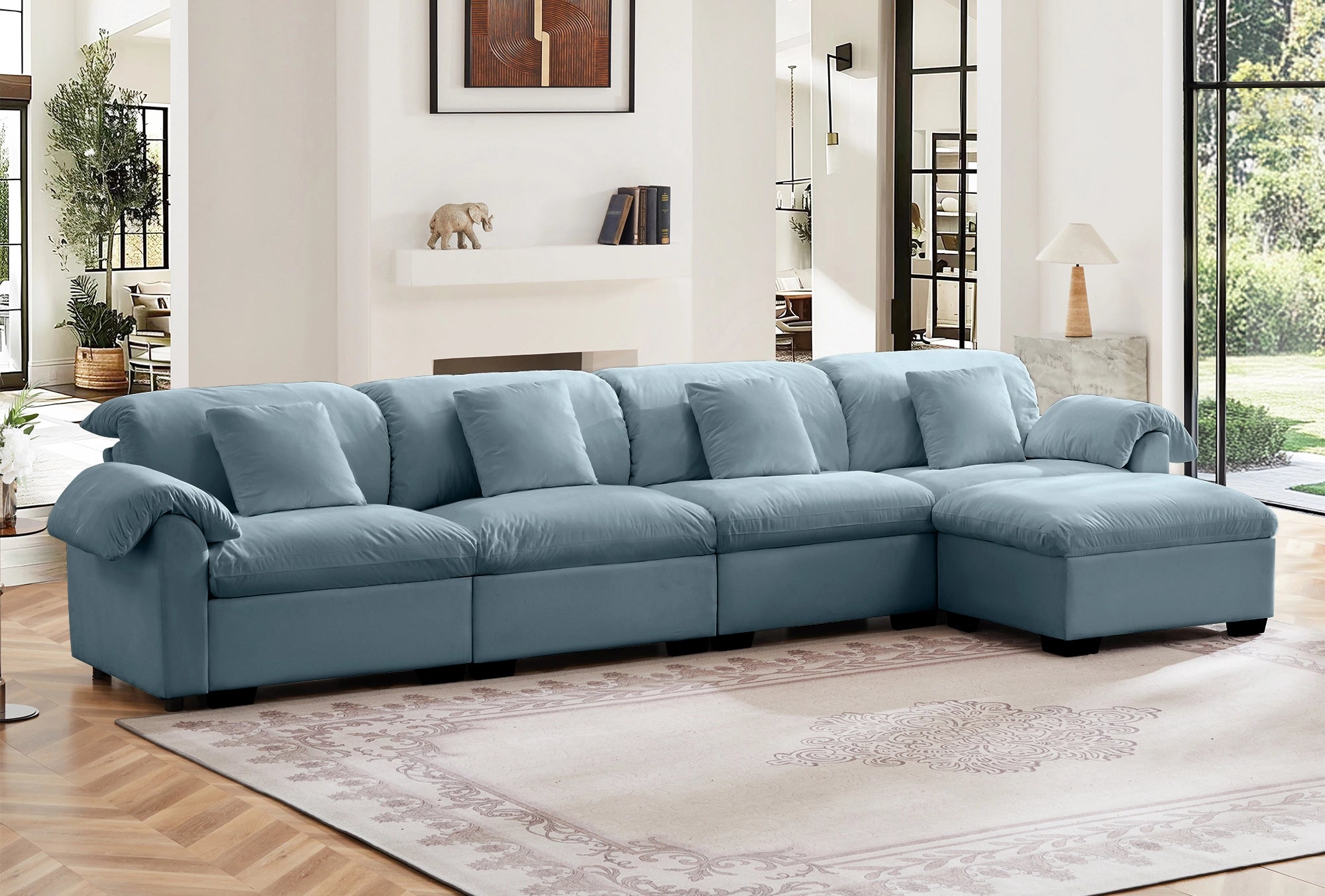 4 Seater Oversized Modern Velvet Cloud Comfort Sectional Sofa with Ottoman & Underseat Storage