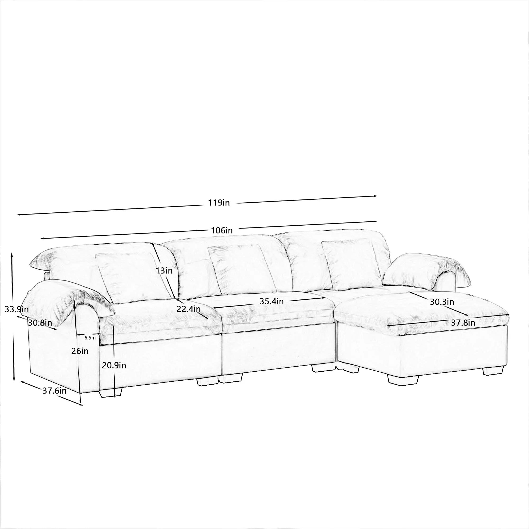 3 Seater Oversized Modern Velvet Cloud Comfort Sectional Sofa with Ottoman & Underseat Storage