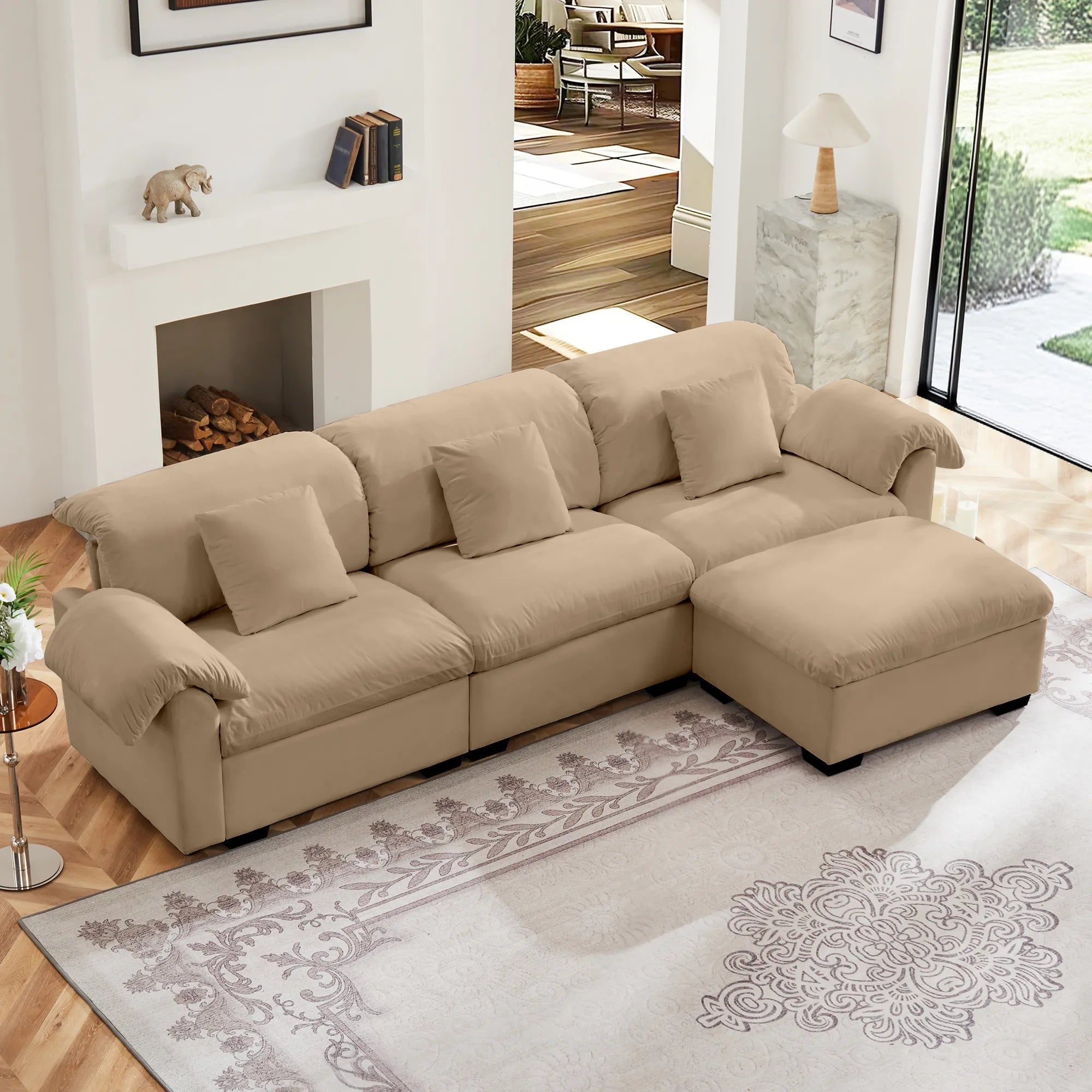3 Seater Oversized Modern Velvet Cloud Comfort Sectional Sofa with Ottoman & Underseat Storage