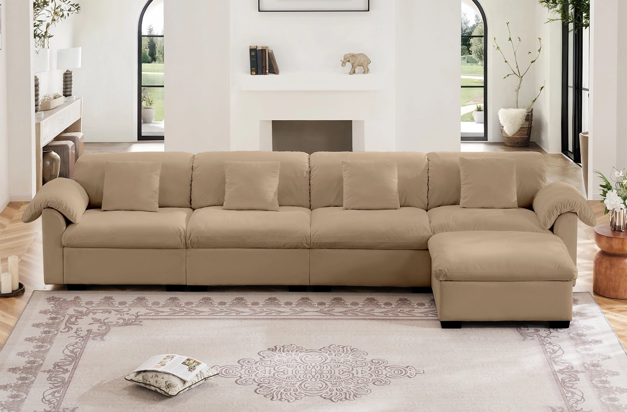 4 Seater Oversized Modern Velvet Cloud Comfort Sectional Sofa with Ottoman & Underseat Storage