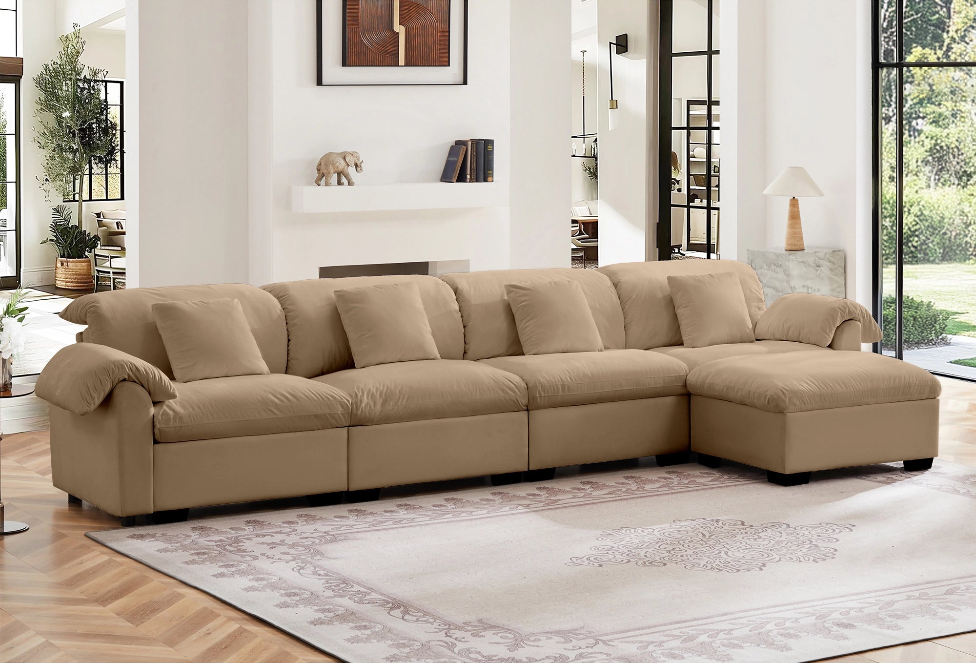 4 Seater Oversized Modern Velvet Cloud Comfort Sectional Sofa with Ottoman & Underseat Storage
