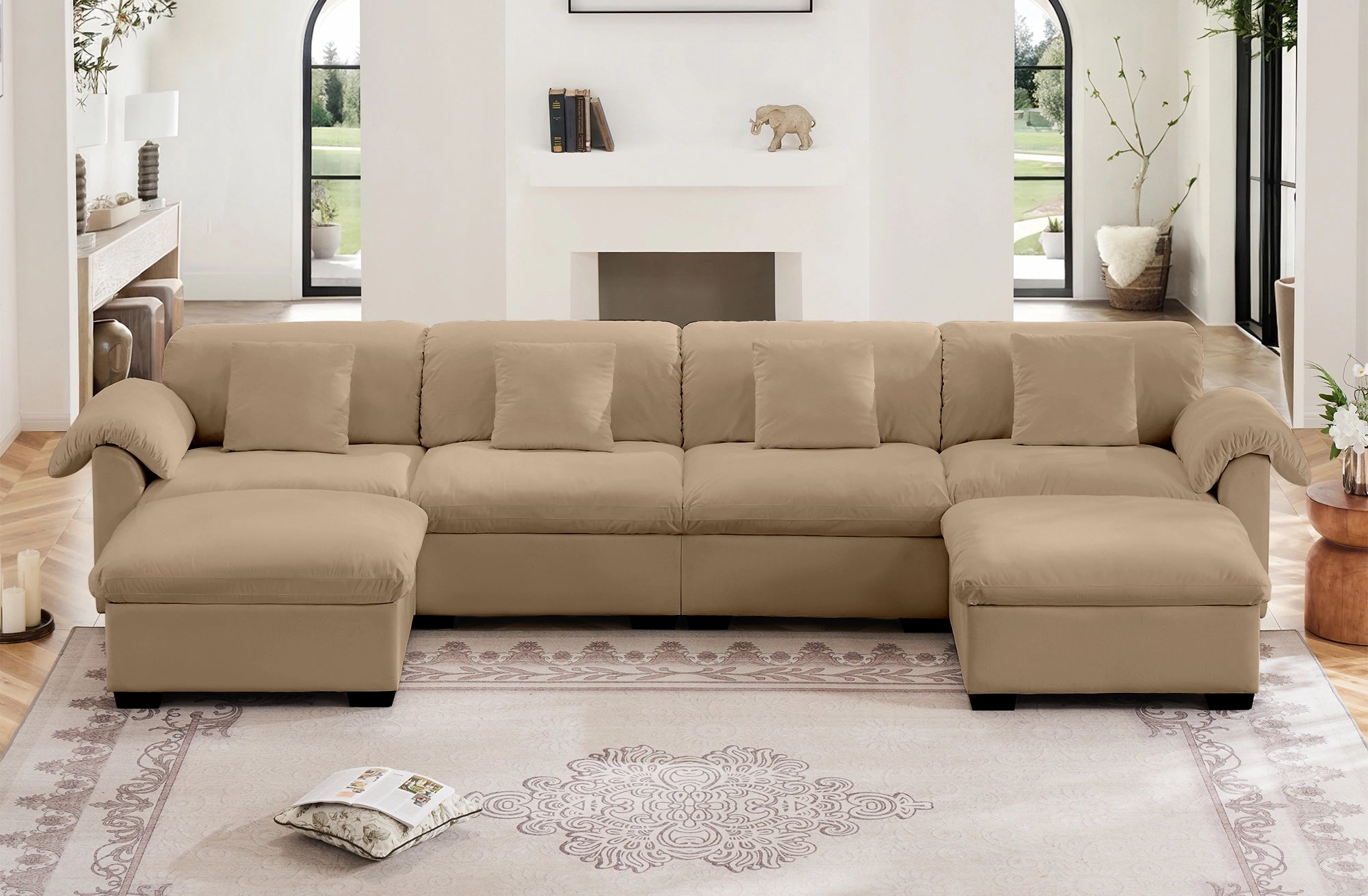 4 Seater Oversized Modern Velvet Cloud Comfort Sectional Sofa with Ottoman & Underseat Storage