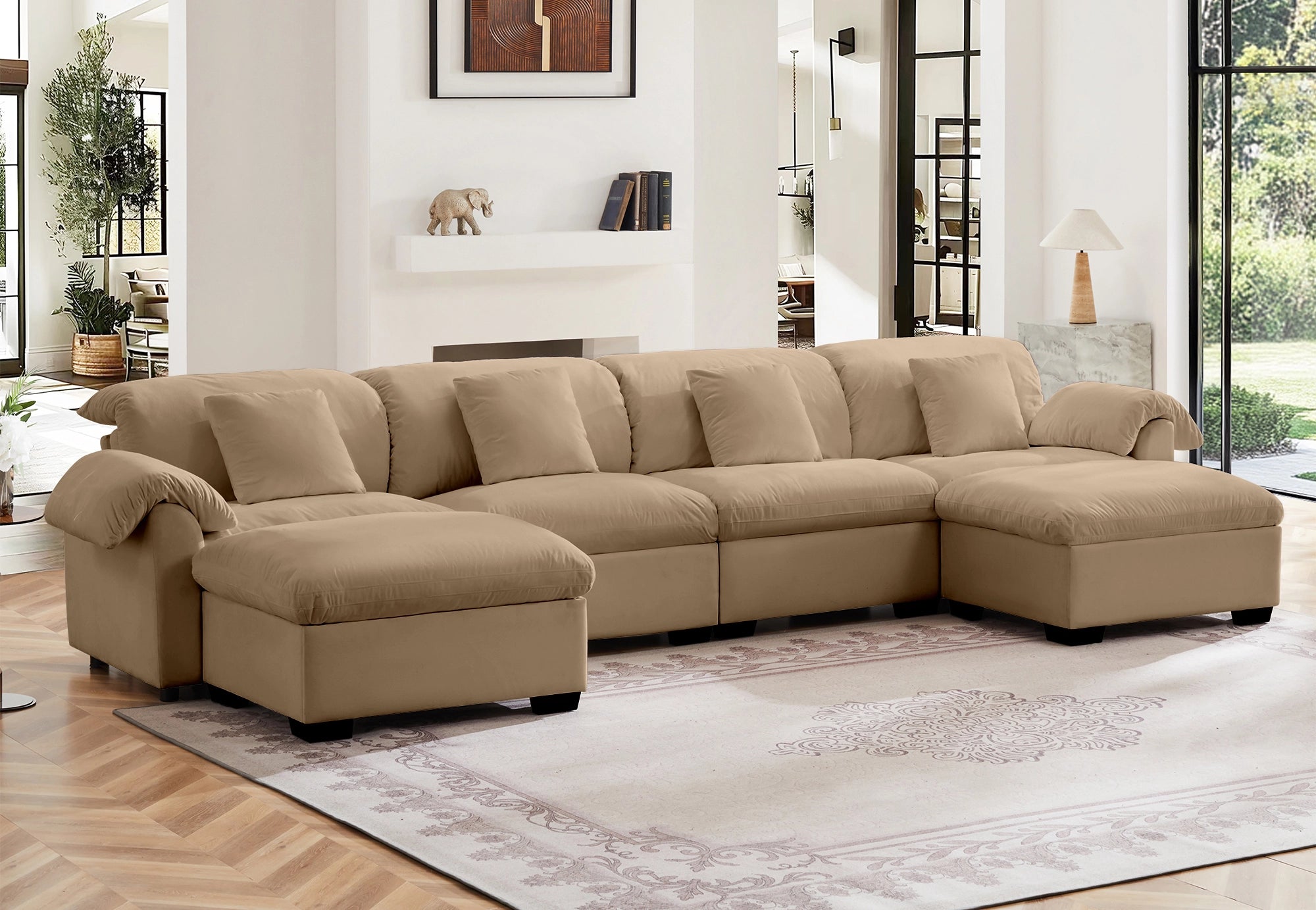 4 Seater Oversized Modern Velvet Cloud Comfort Sectional Sofa with Ottoman & Underseat Storage