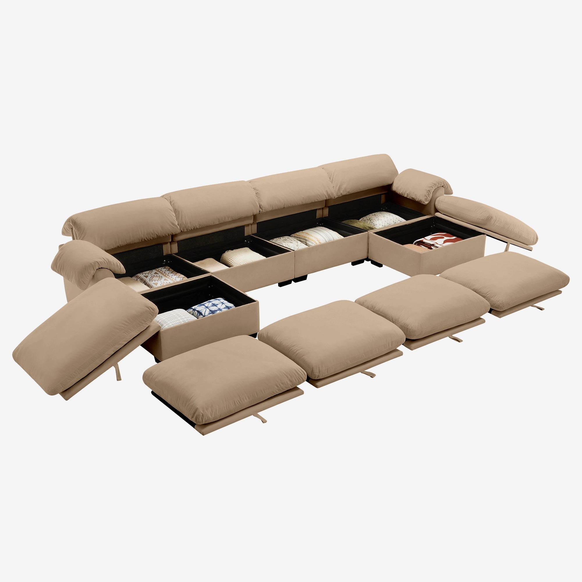 4 Seater Oversized Modern Velvet Cloud Comfort Sectional Sofa with Ottoman & Underseat Storage