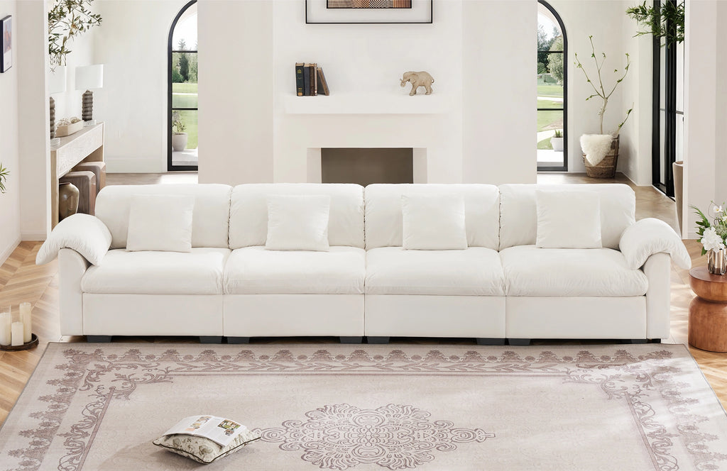 4 Seater Oversized Modern Velvet Cloud Comfort Sectional Sofa with Ottoman & Underseat Storage