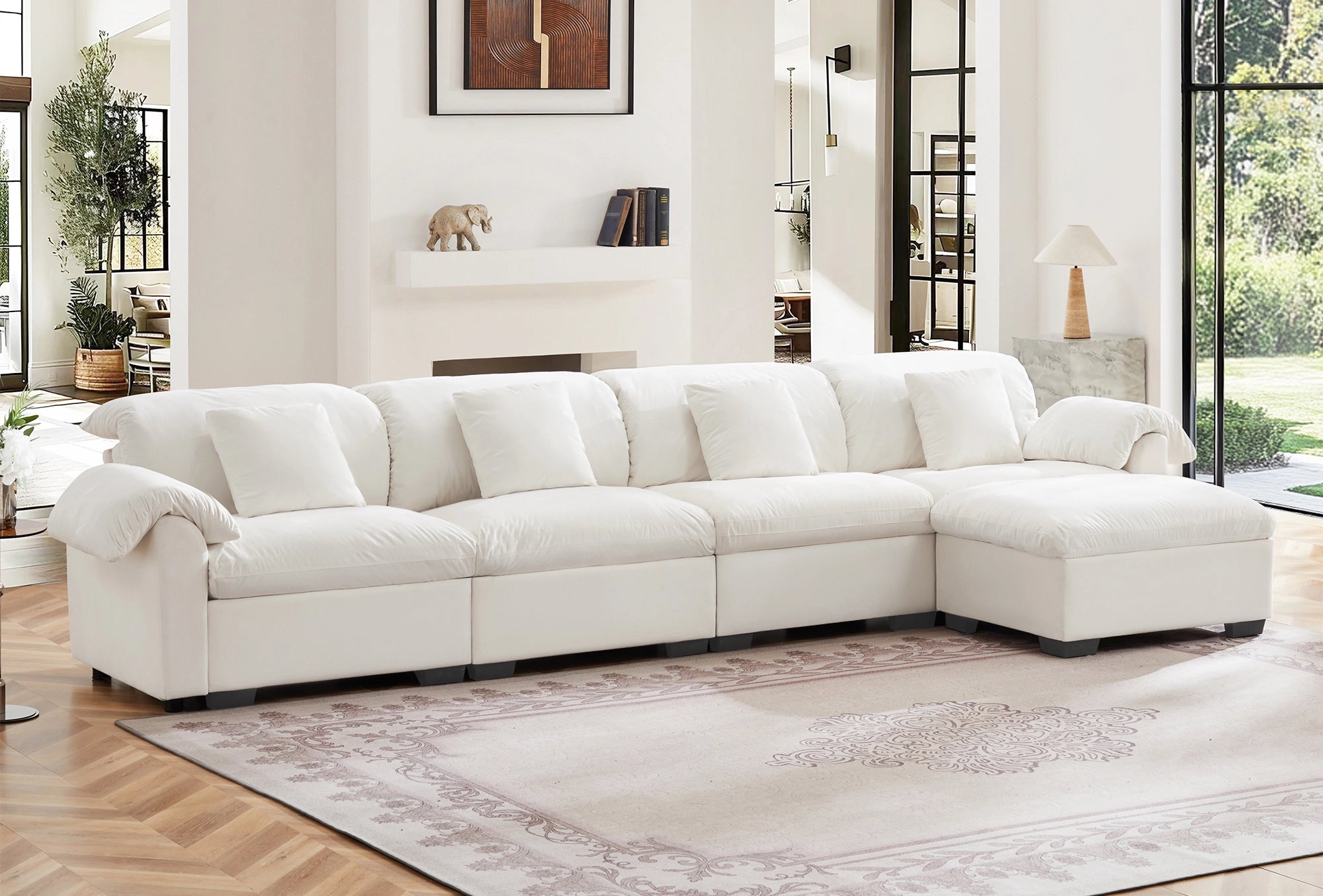 4 Seater Oversized Modern Velvet Cloud Comfort Sectional Sofa with Ottoman & Underseat Storage