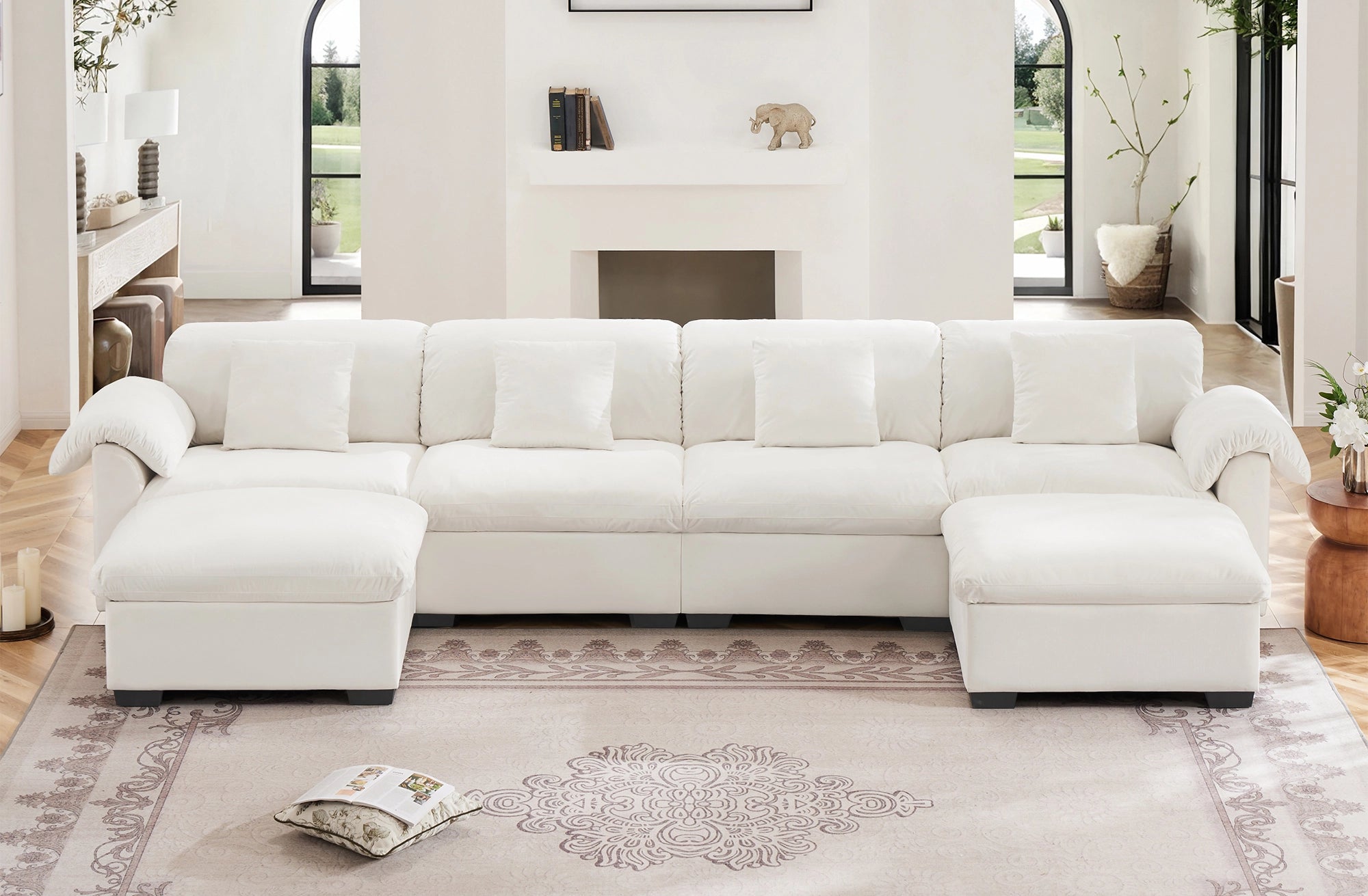 4 Seater Oversized Modern Velvet Cloud Comfort Sectional Sofa with Ottoman & Underseat Storage