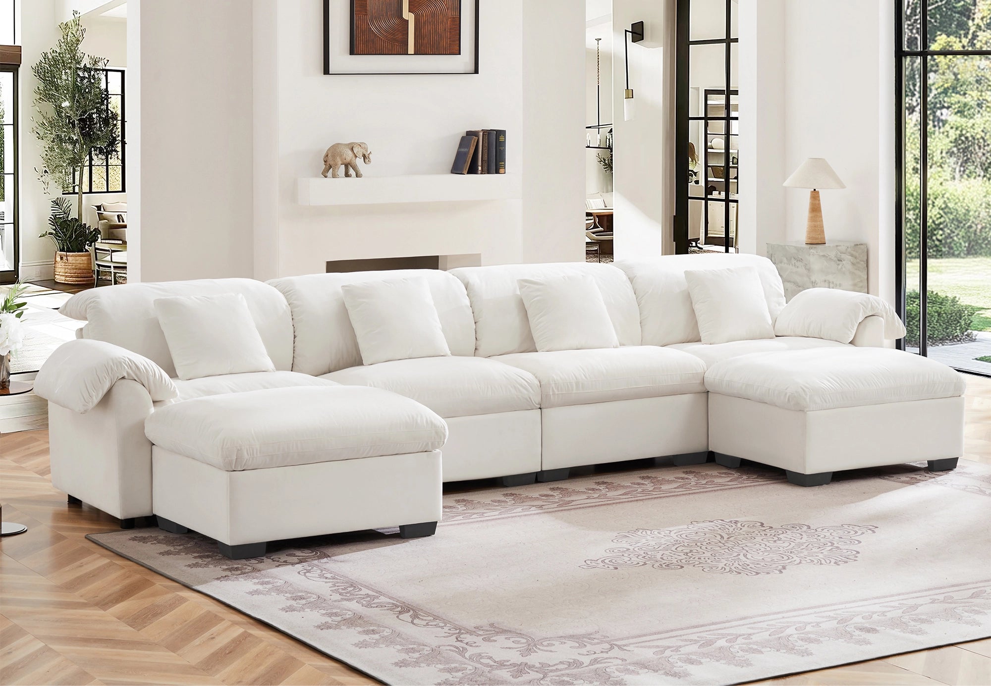 4 Seater Oversized Modern Velvet Cloud Comfort Sectional Sofa with Ottoman & Underseat Storage