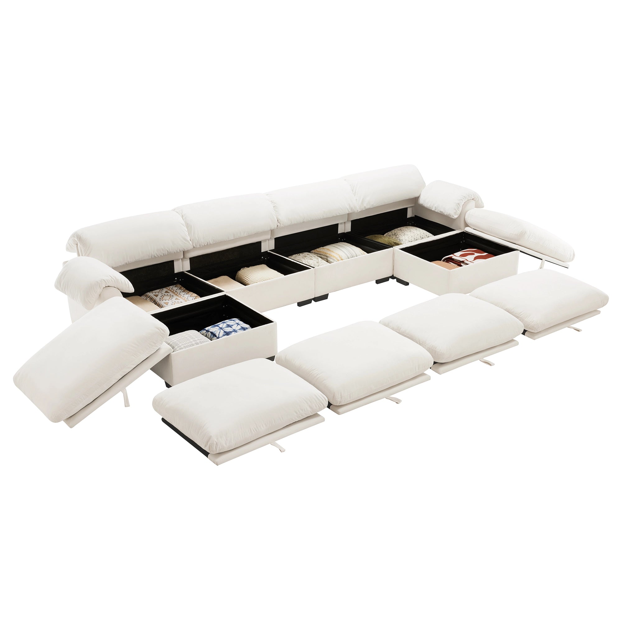 4 Seater Oversized Modern Velvet Cloud Comfort Sectional Sofa with Ottoman & Underseat Storage