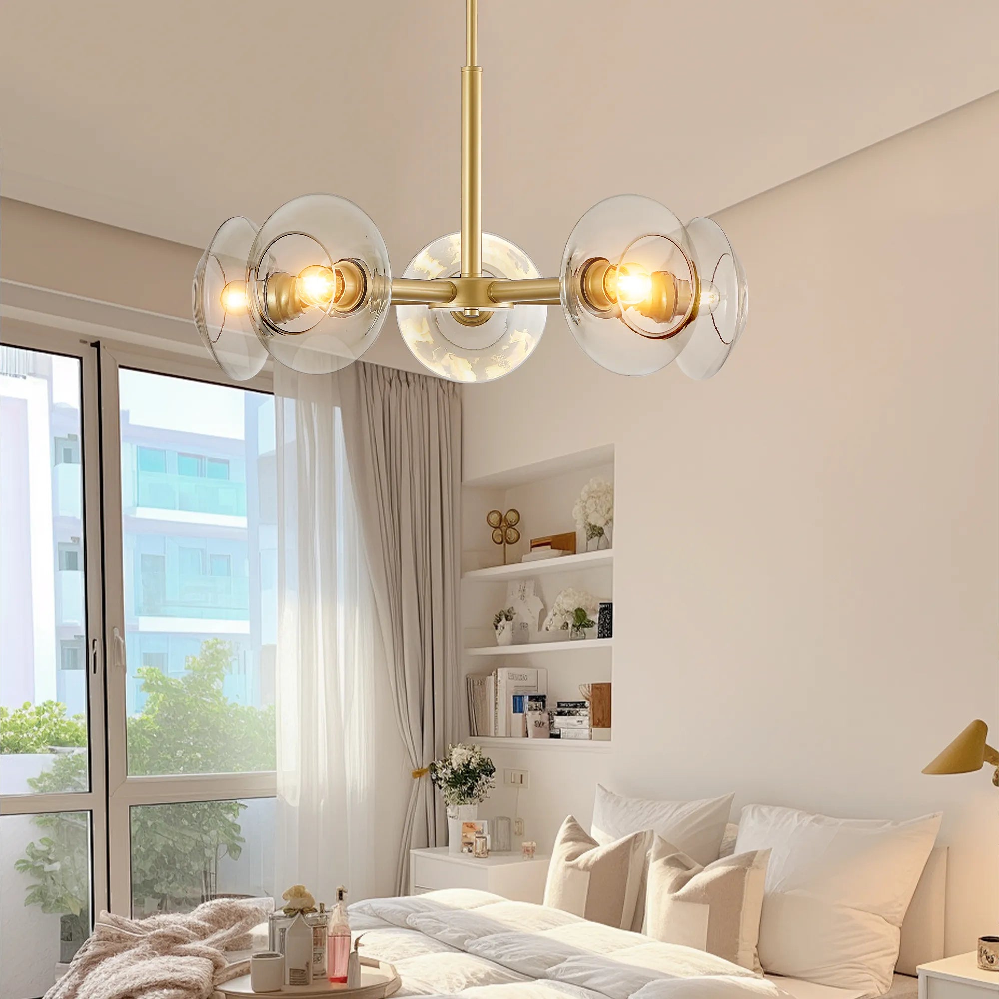 5-Light Modern Gold Chandelier with Glass Shades