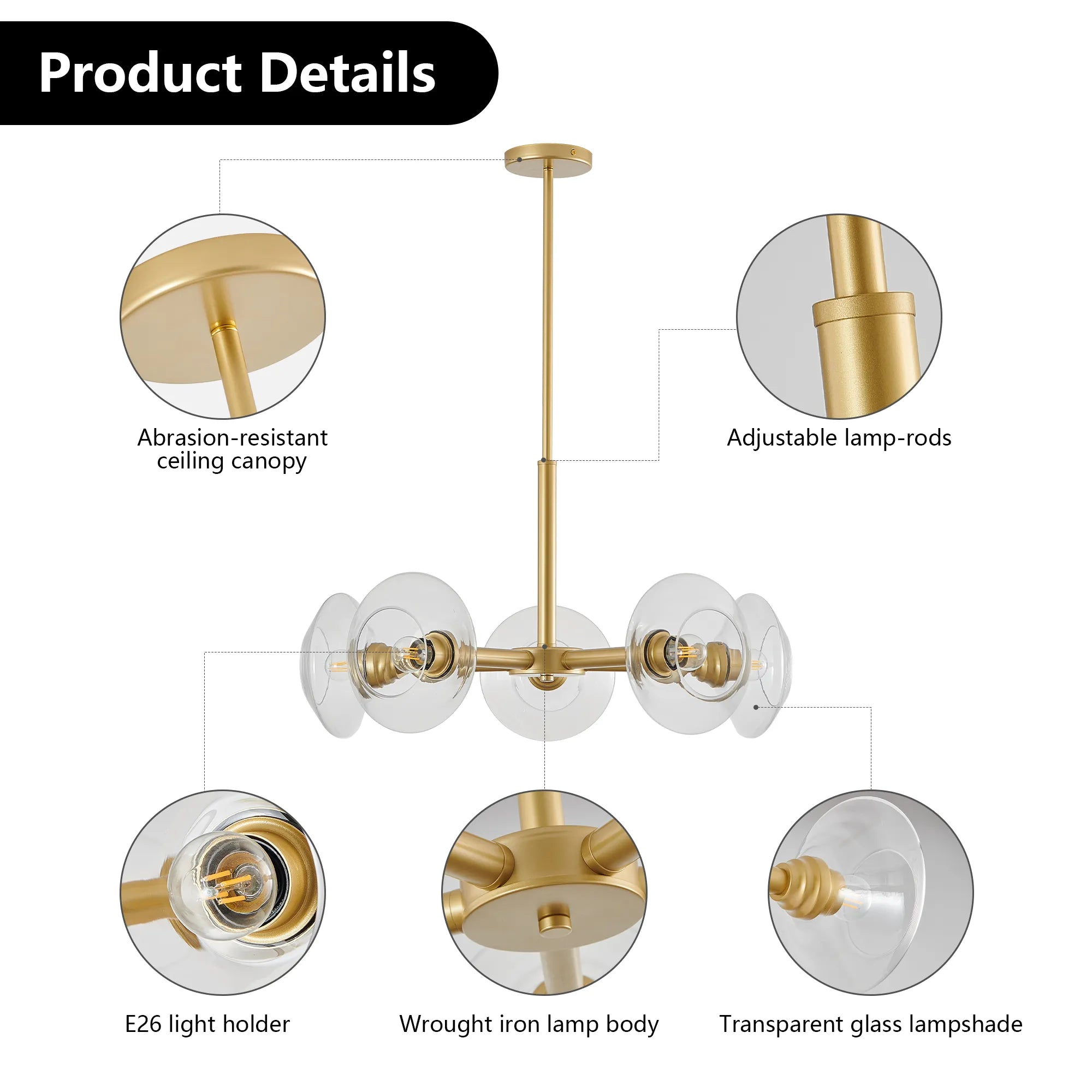 5-Light Modern Gold Chandelier with Glass Shades