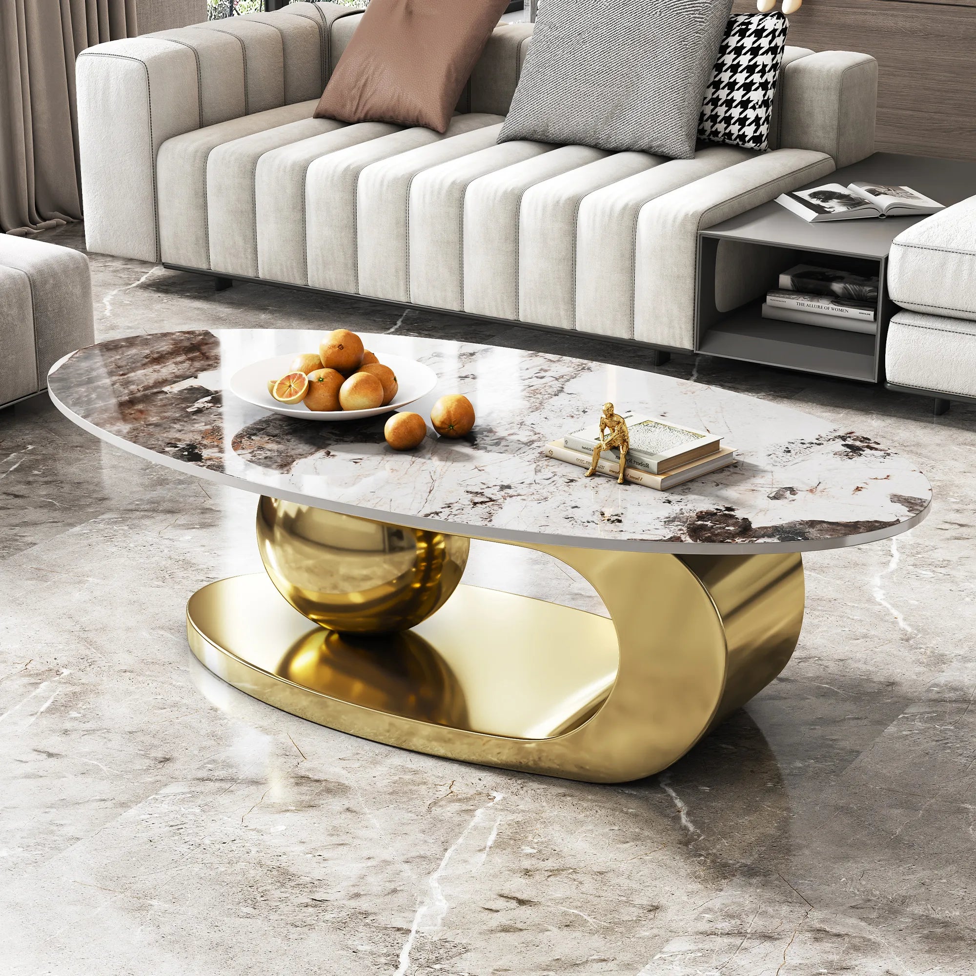 51" Oval Faux Marble Coffee Table With Stainless Steel Base