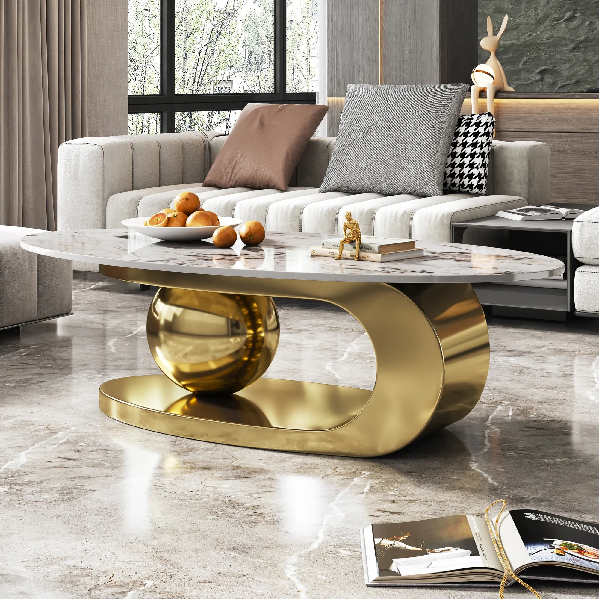 51" Oval Faux Marble Coffee Table With Stainless Steel Base
