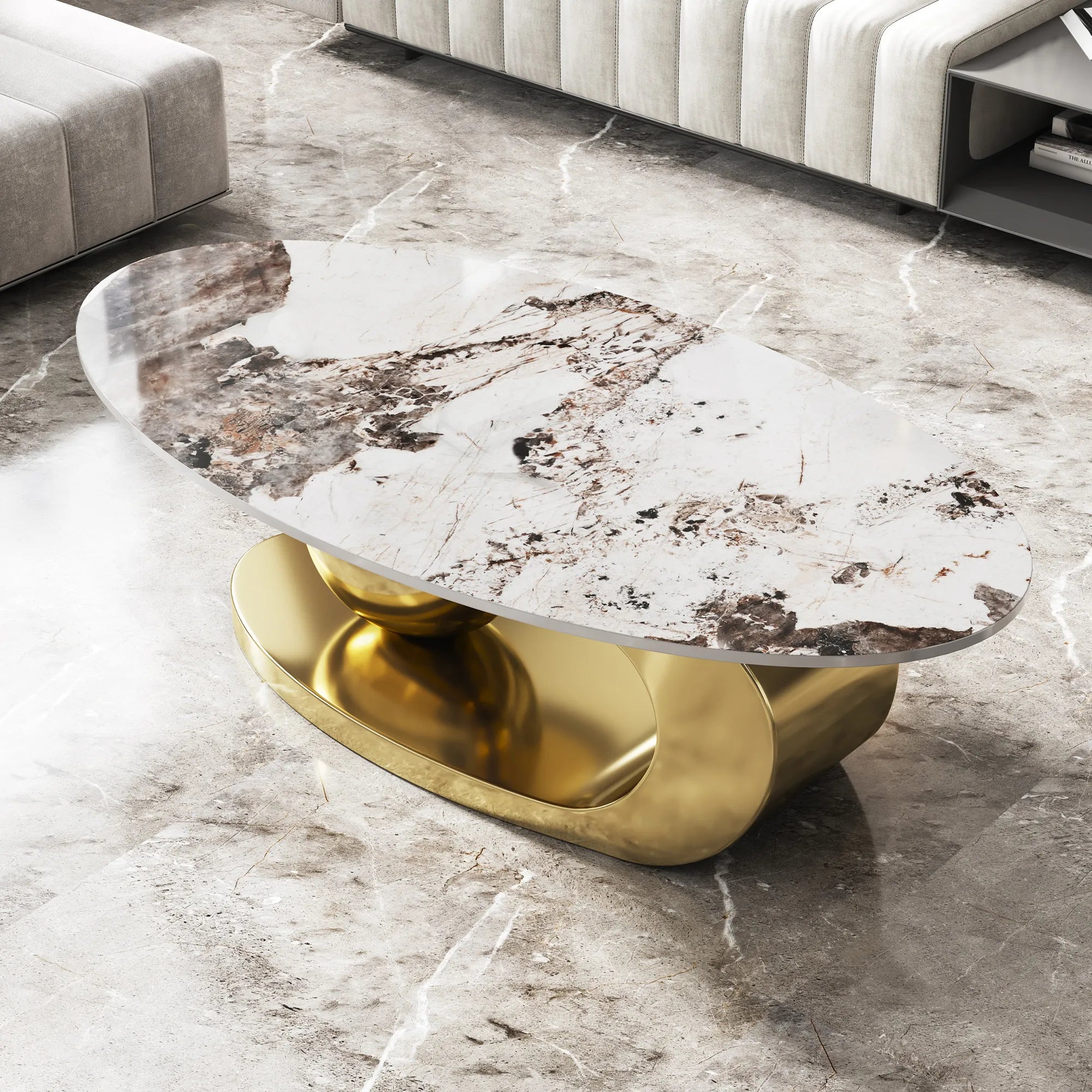 51" Oval Faux Marble Coffee Table With Stainless Steel Base