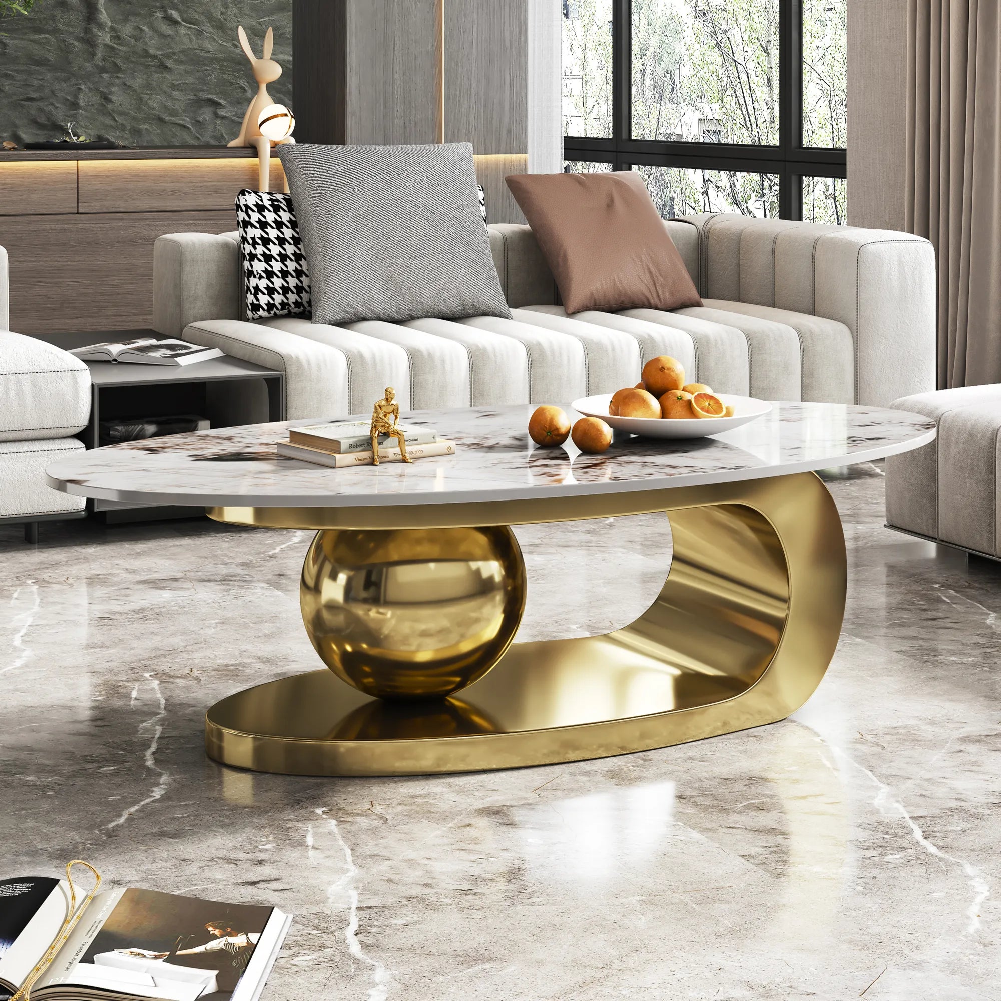 51" Oval Faux Marble Coffee Table With Stainless Steel Base