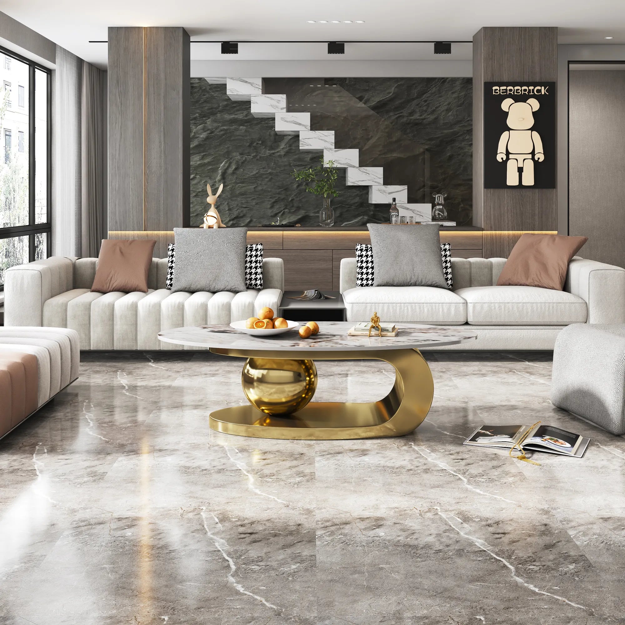 51" Oval Faux Marble Coffee Table With Stainless Steel Base