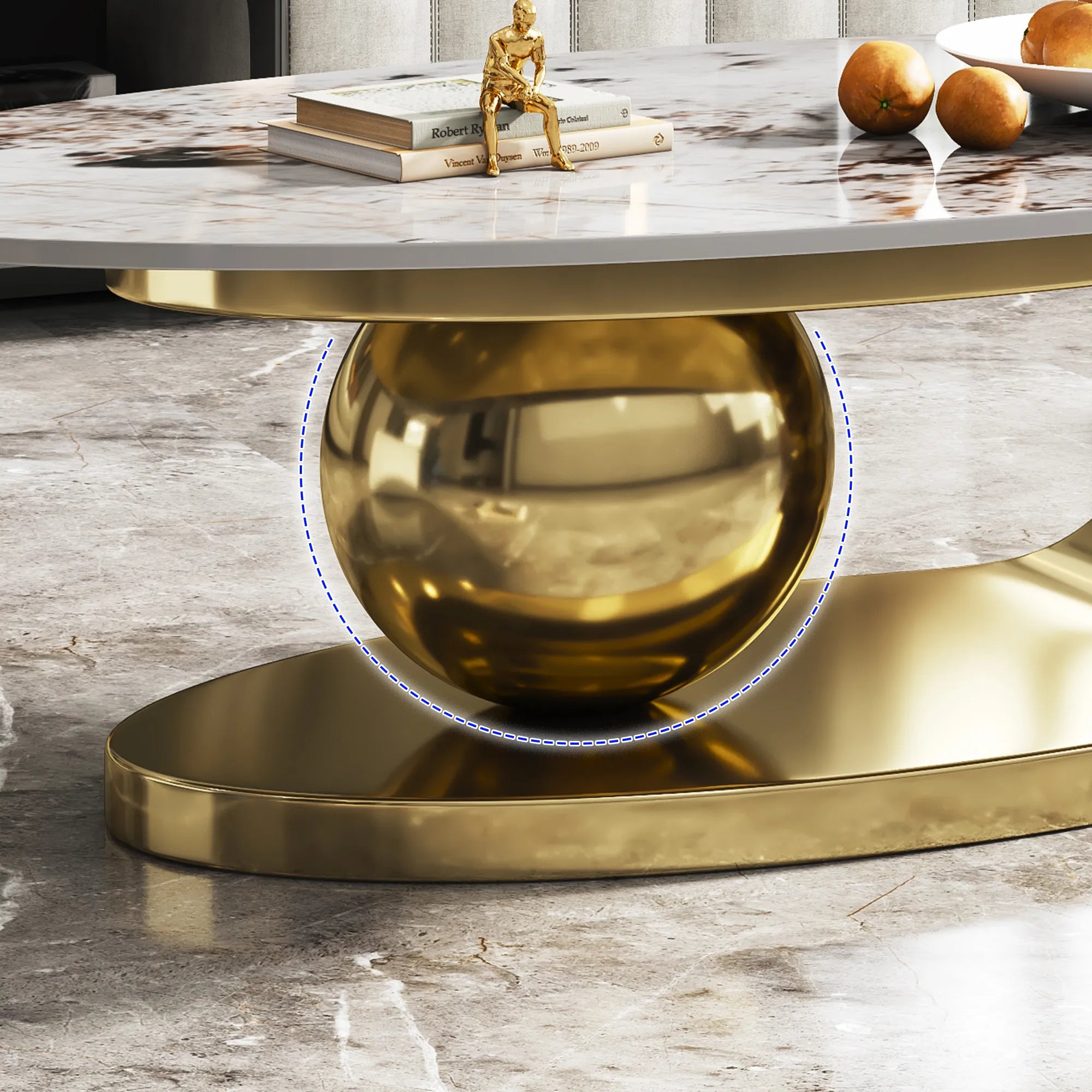 51" Oval Faux Marble Coffee Table With Stainless Steel Base