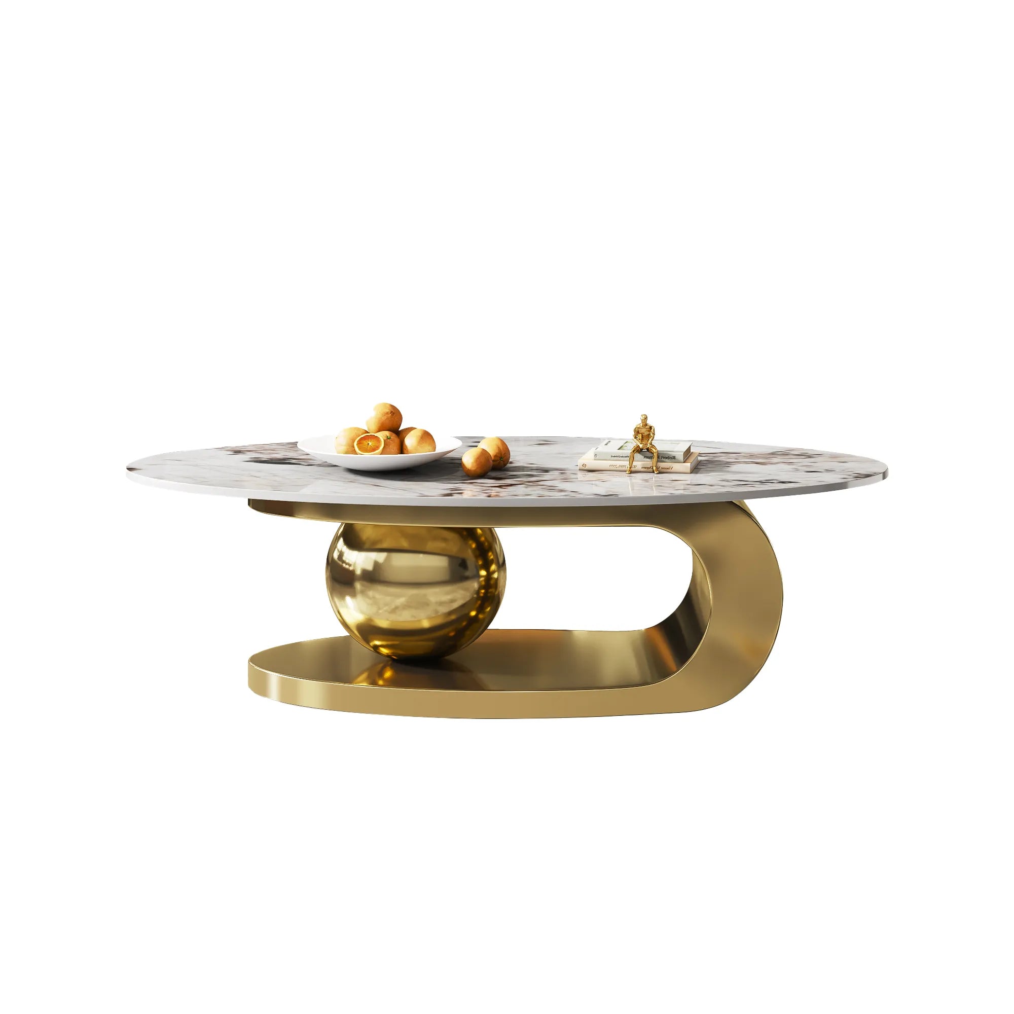51" Oval Faux Marble Coffee Table With Stainless Steel Base