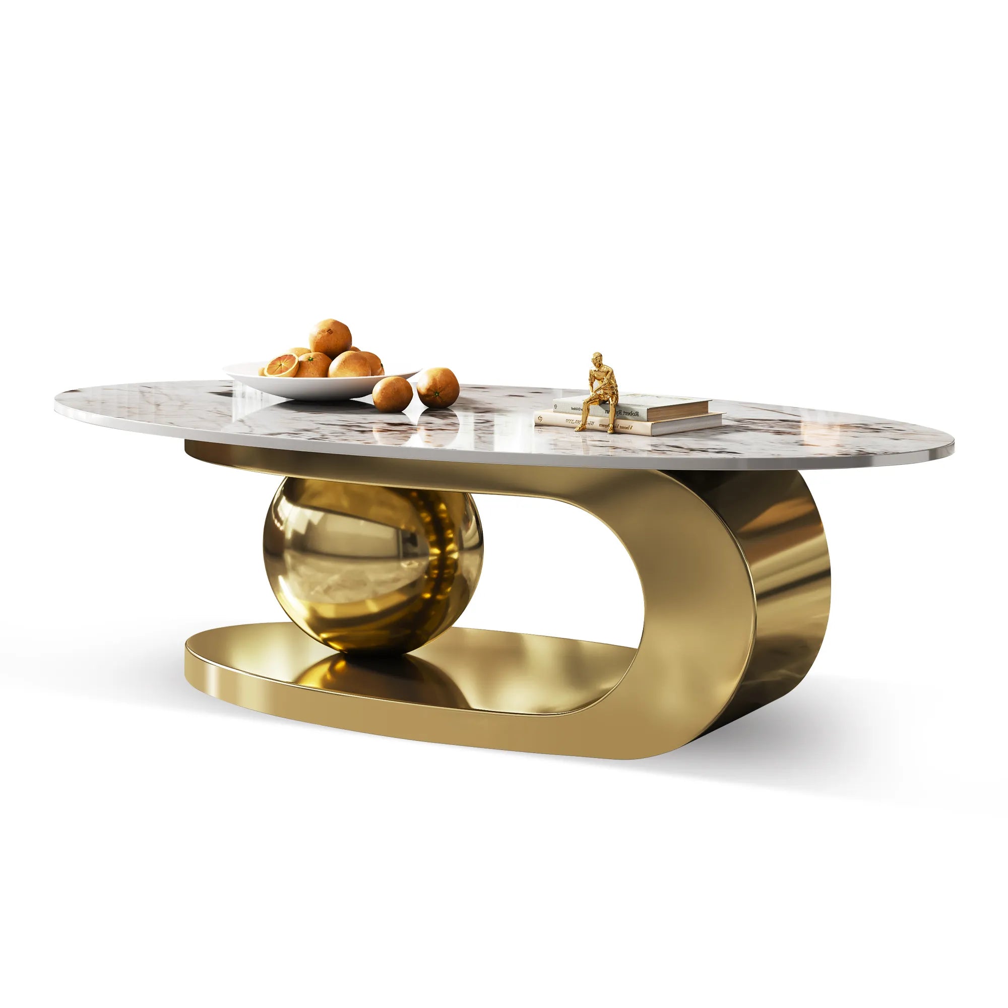 51" Oval Faux Marble Coffee Table With Stainless Steel Base