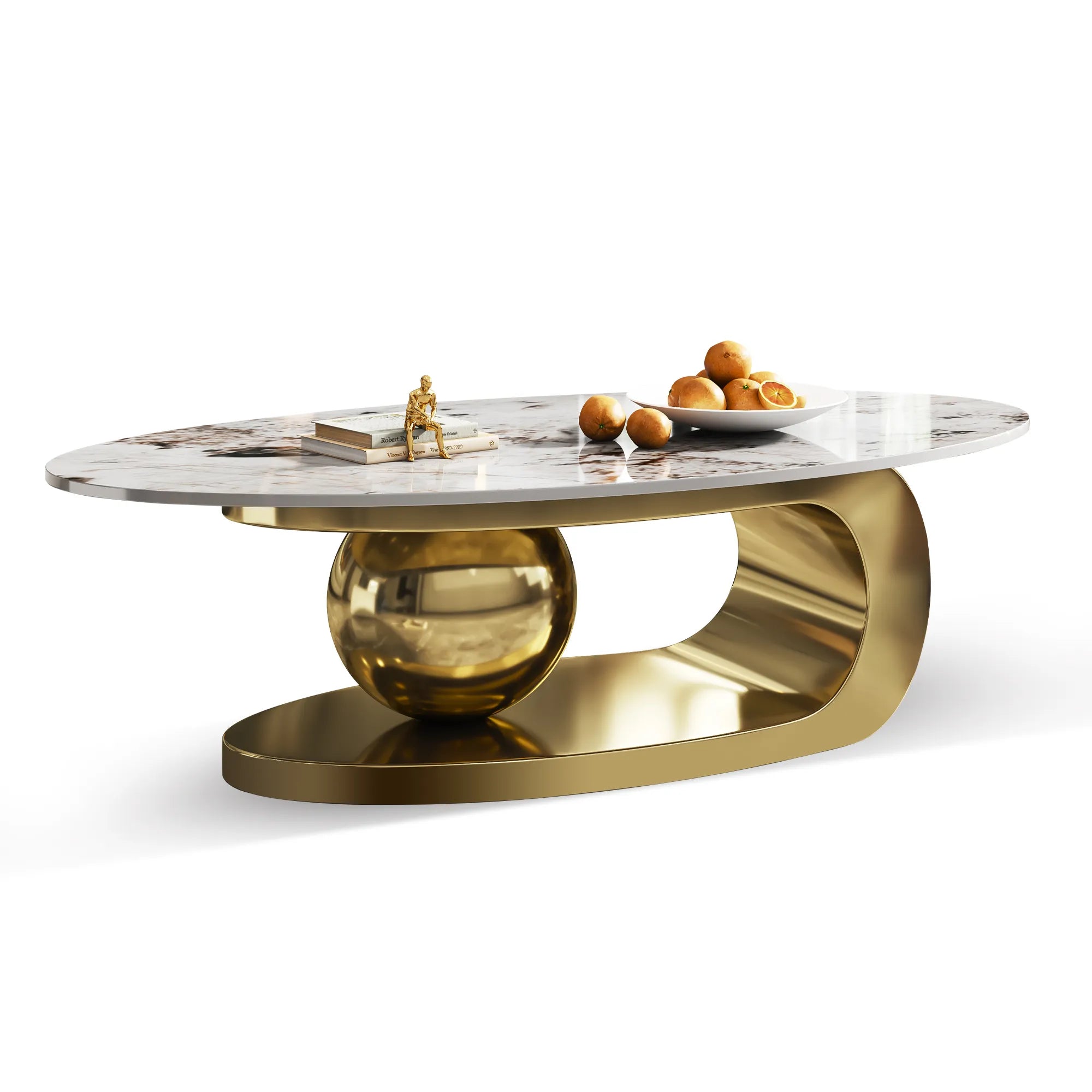 51" Oval Faux Marble Coffee Table With Stainless Steel Base
