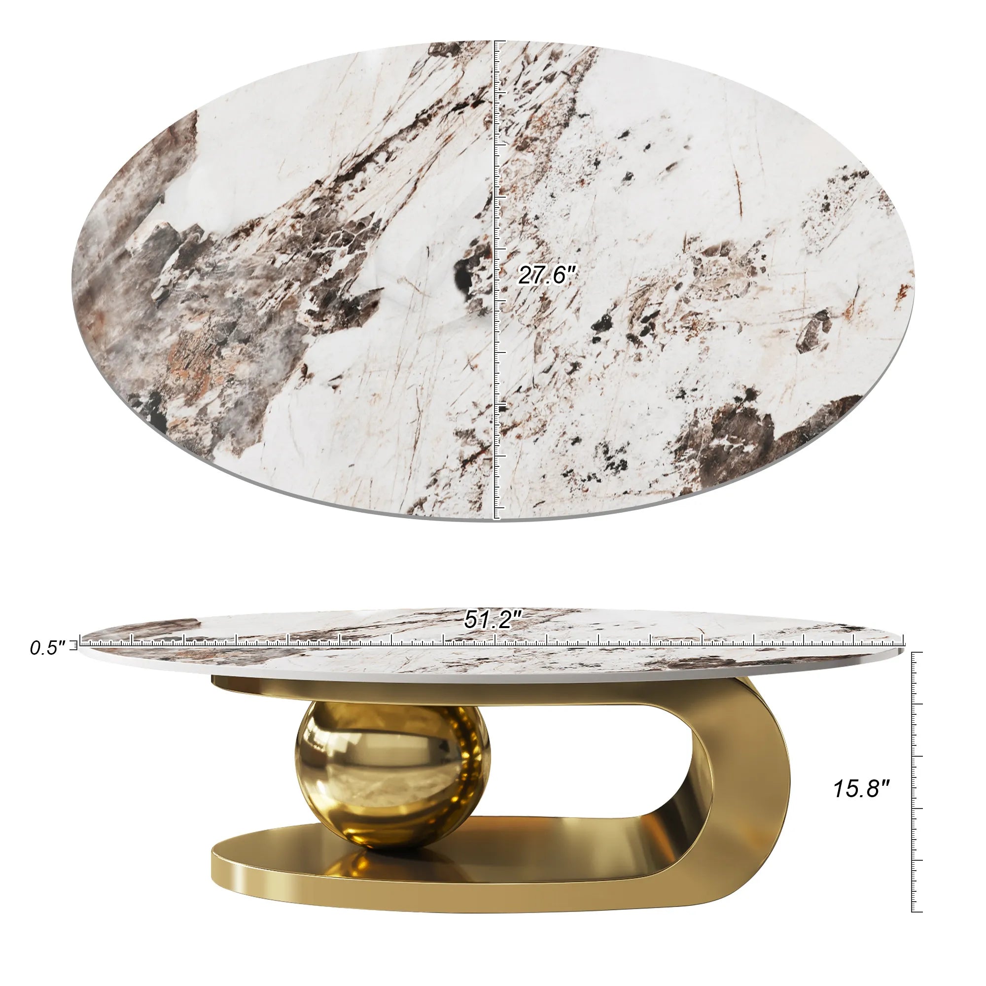 51" Oval Faux Marble Coffee Table With Stainless Steel Base