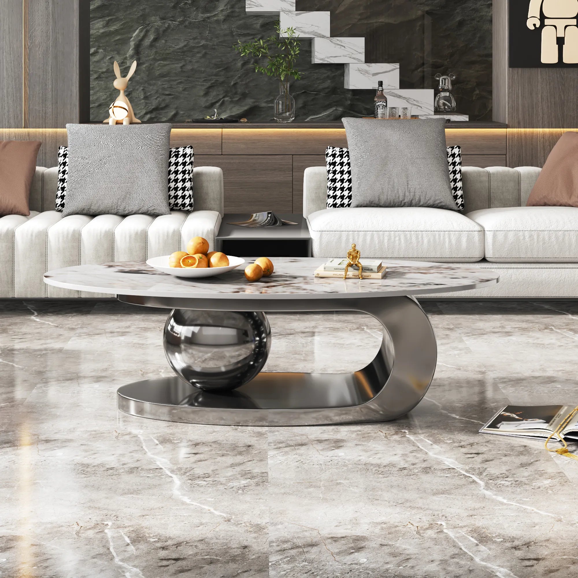 51" Oval Faux Marble Coffee Table With Stainless Steel Base