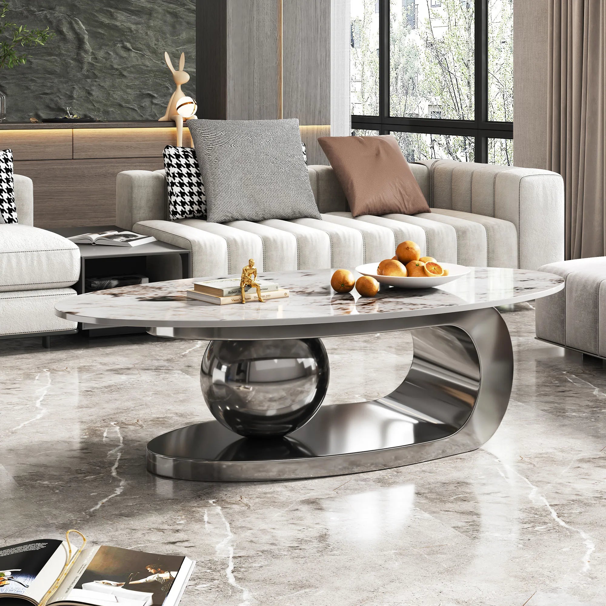 51" Oval Faux Marble Coffee Table With Stainless Steel Base