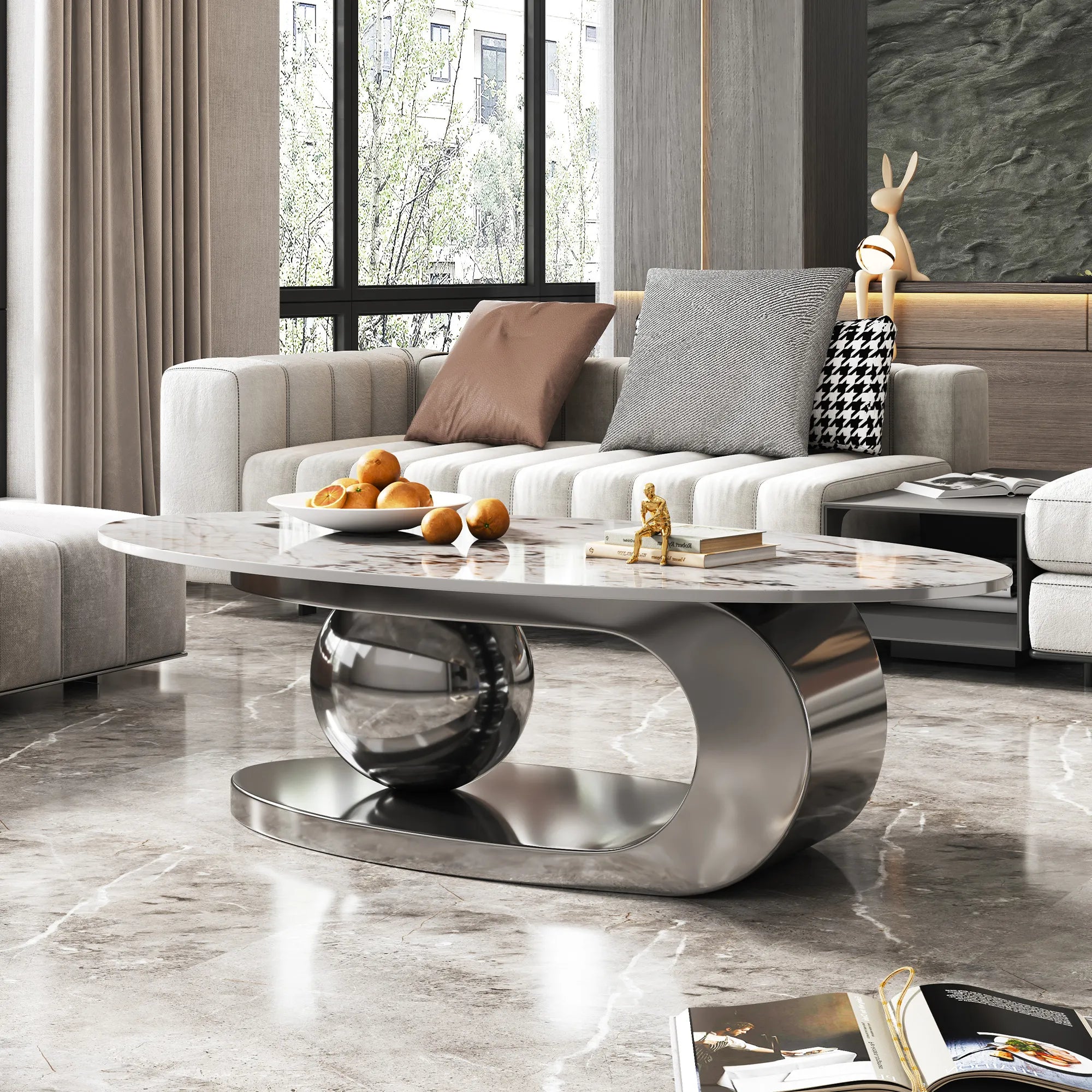 51" Oval Faux Marble Coffee Table With Stainless Steel Base