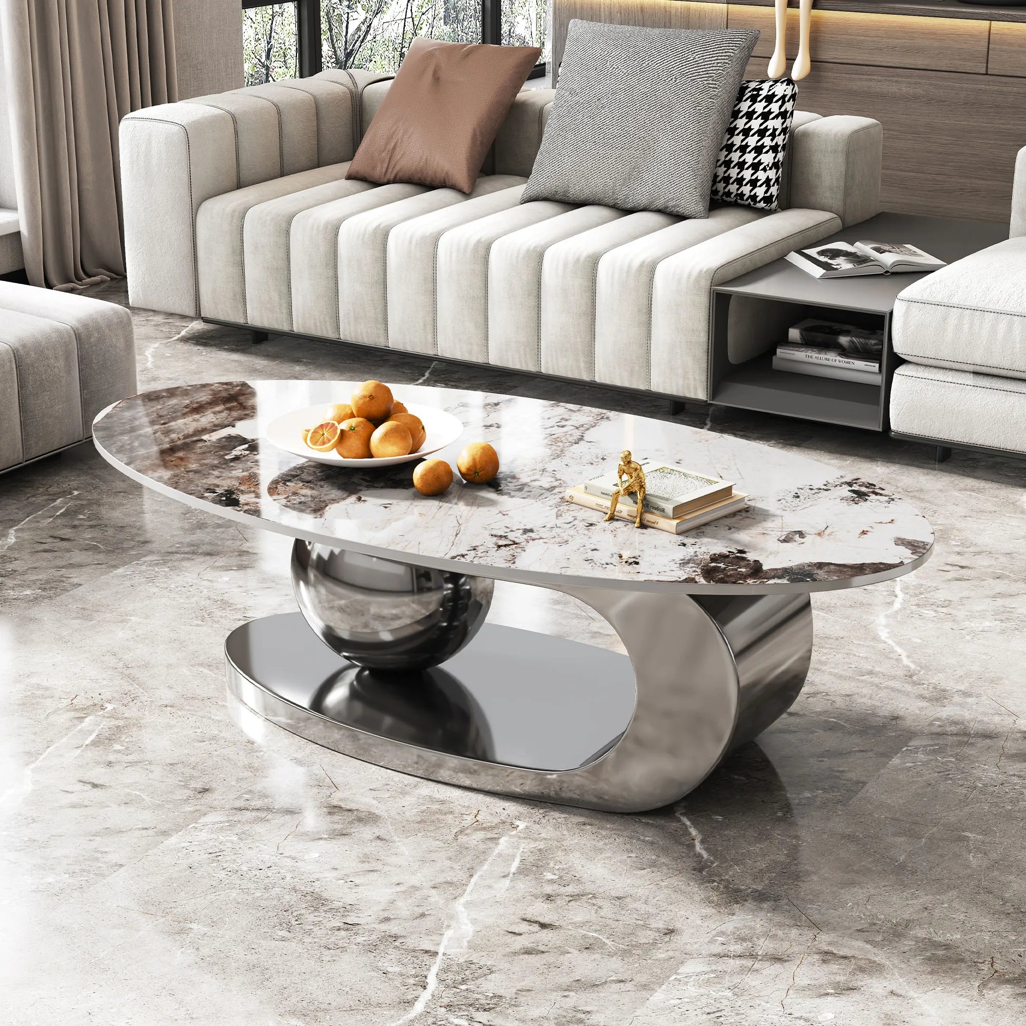51" Oval Faux Marble Coffee Table With Stainless Steel Base